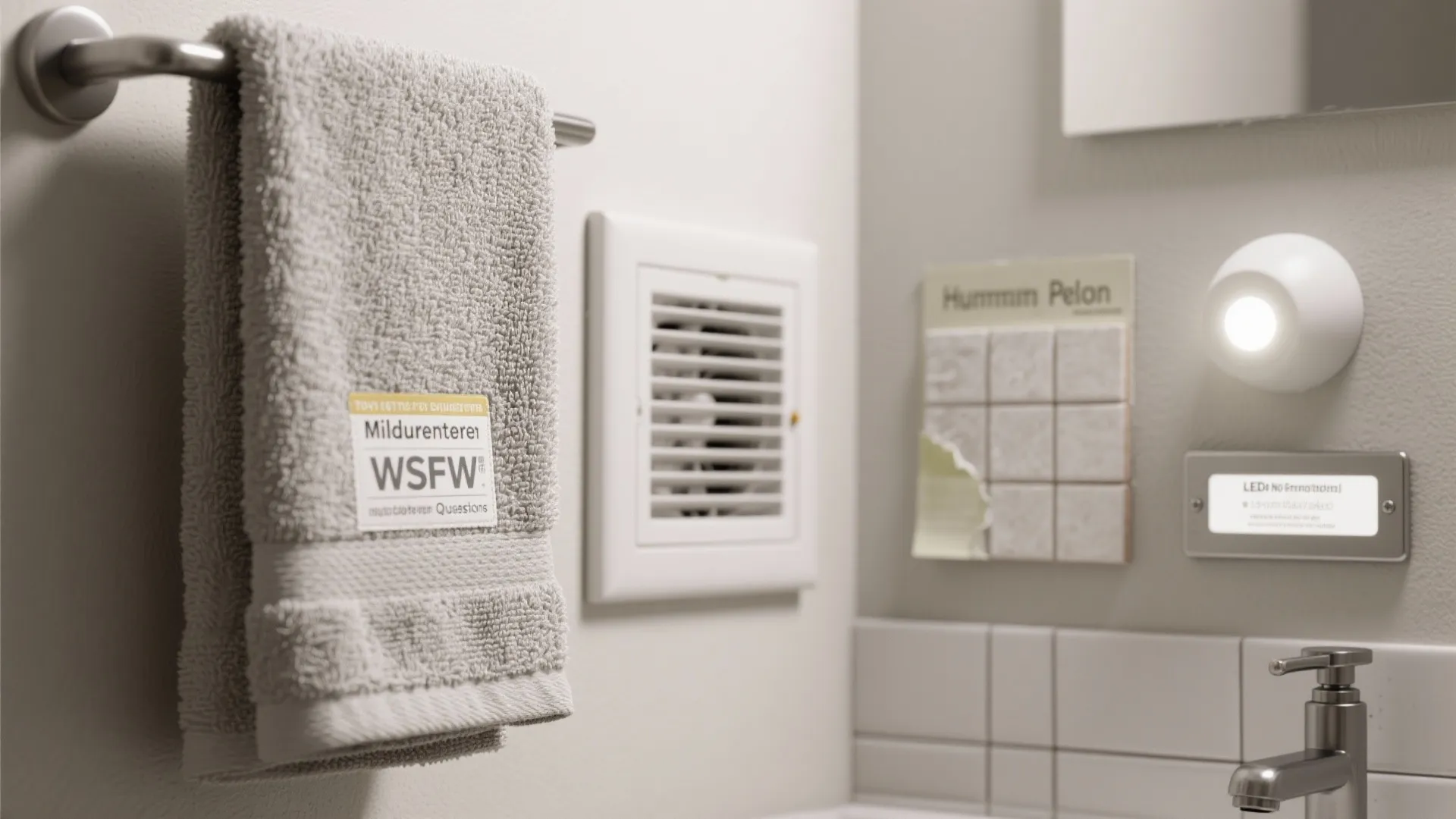 Close up of bathroom wall showing grey towel vent tile samples and small round wall light