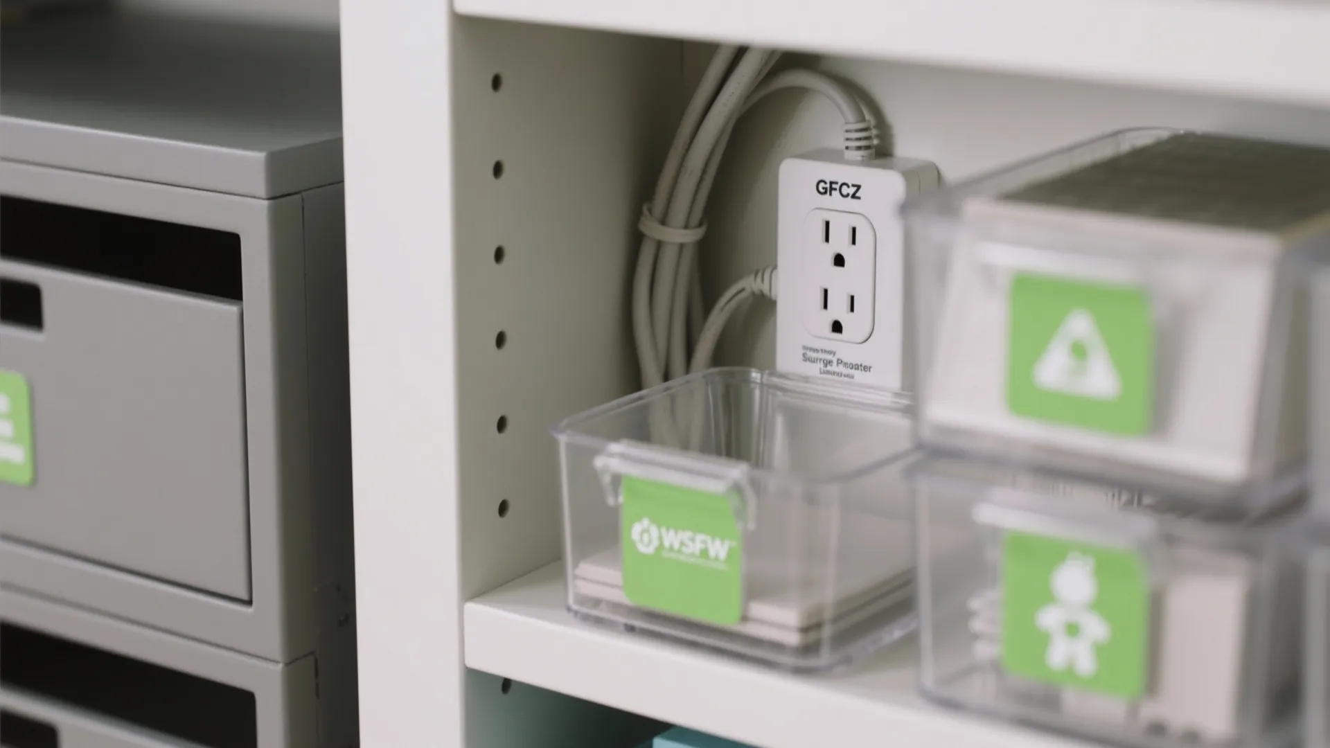 Close up of a wall power socket inside a white shelf with clear plastic storage boxes