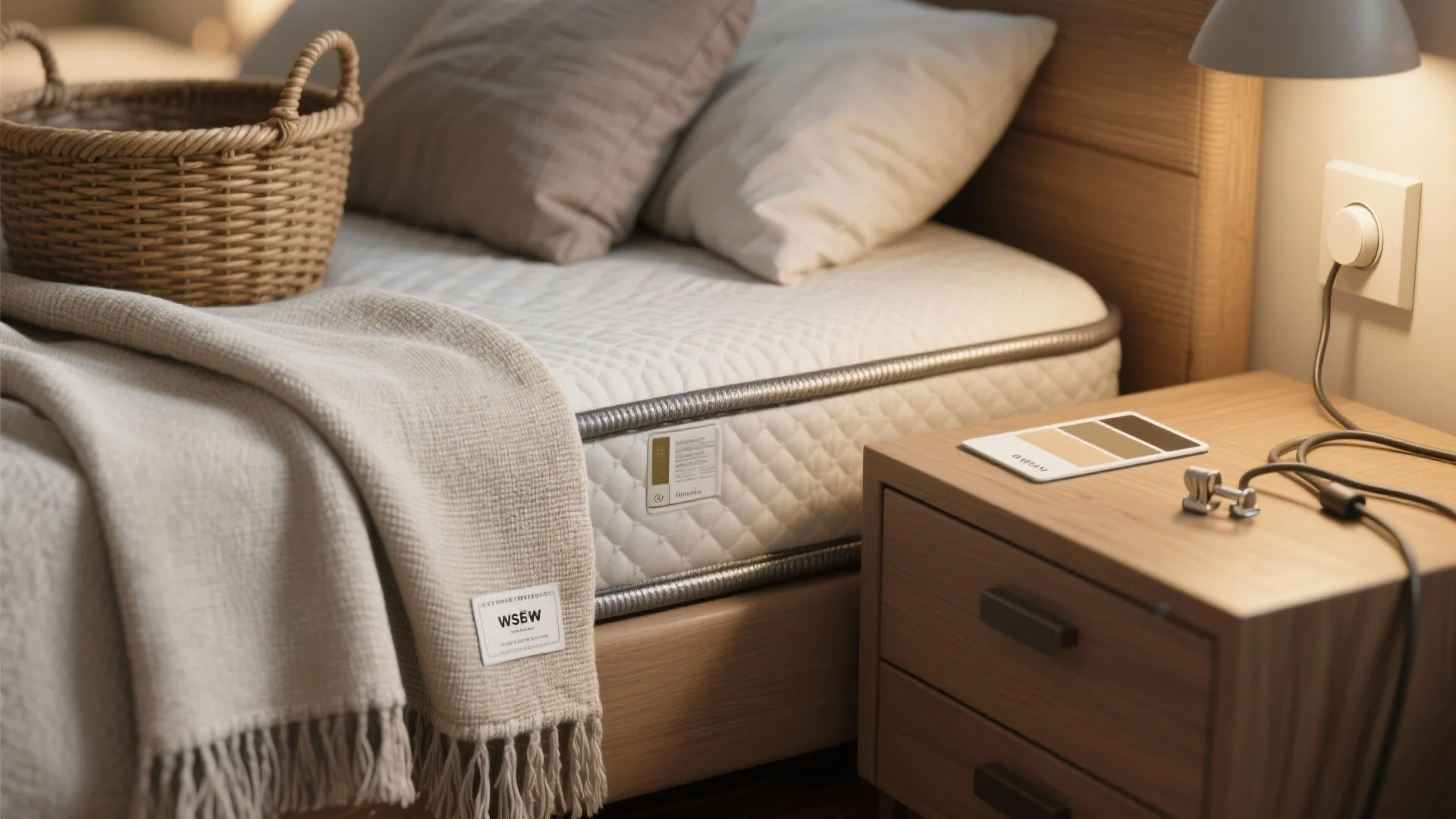 Modern bedroom side view with white mattress wooden nightstand reading lamp and beige woven basket