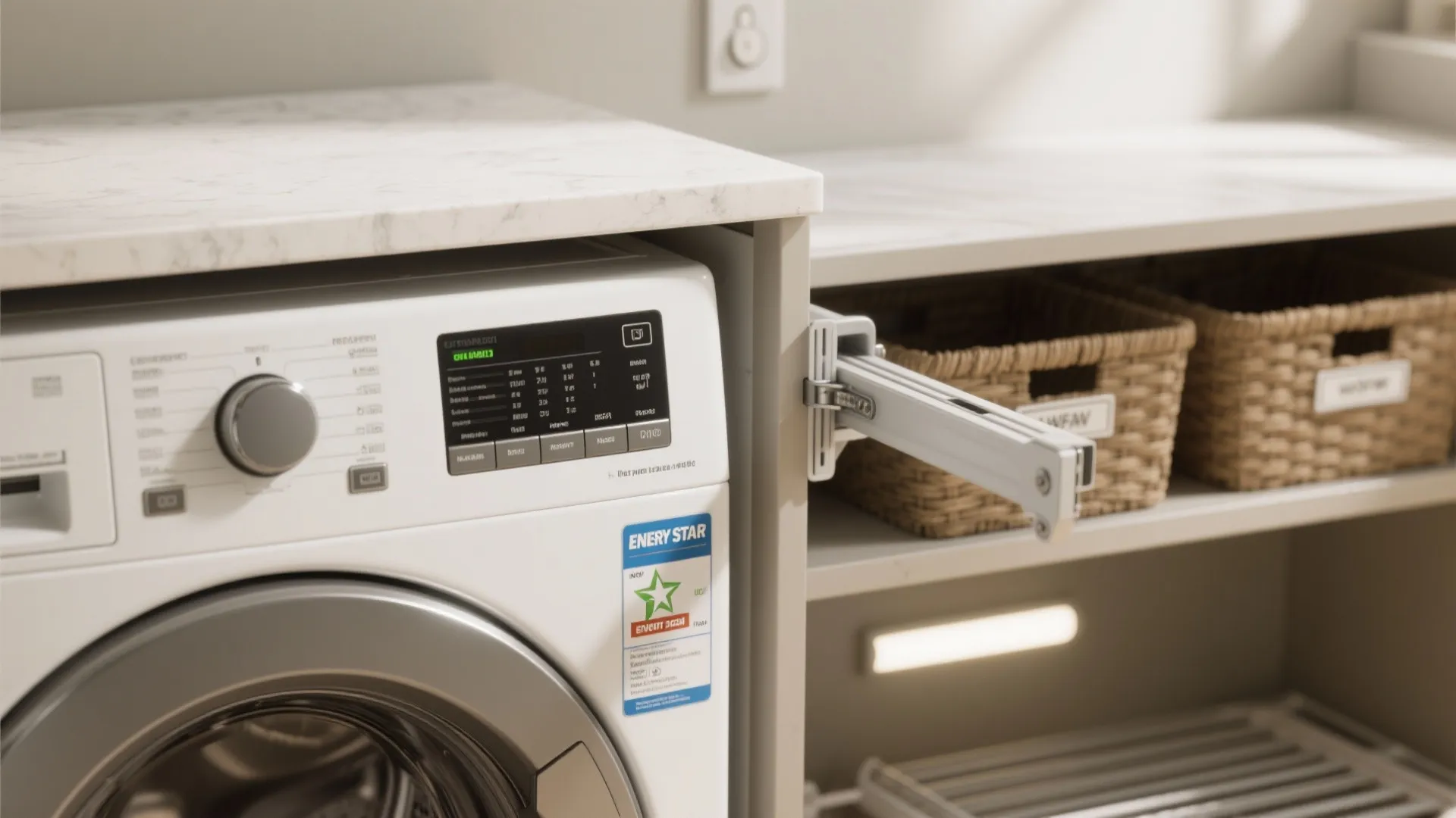 Close-up of practical laundry details: ENERGY STAR washer label, exhaust vent, hinge of a fold-down ironing board and labeled baskets