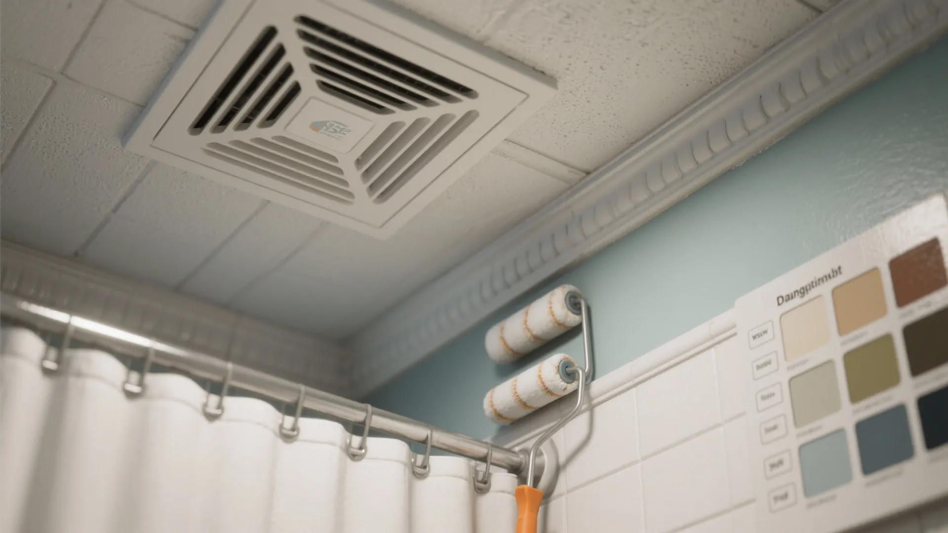 Bathroom renovation showing ceiling fan with paint rollers and color samples on light blue wall