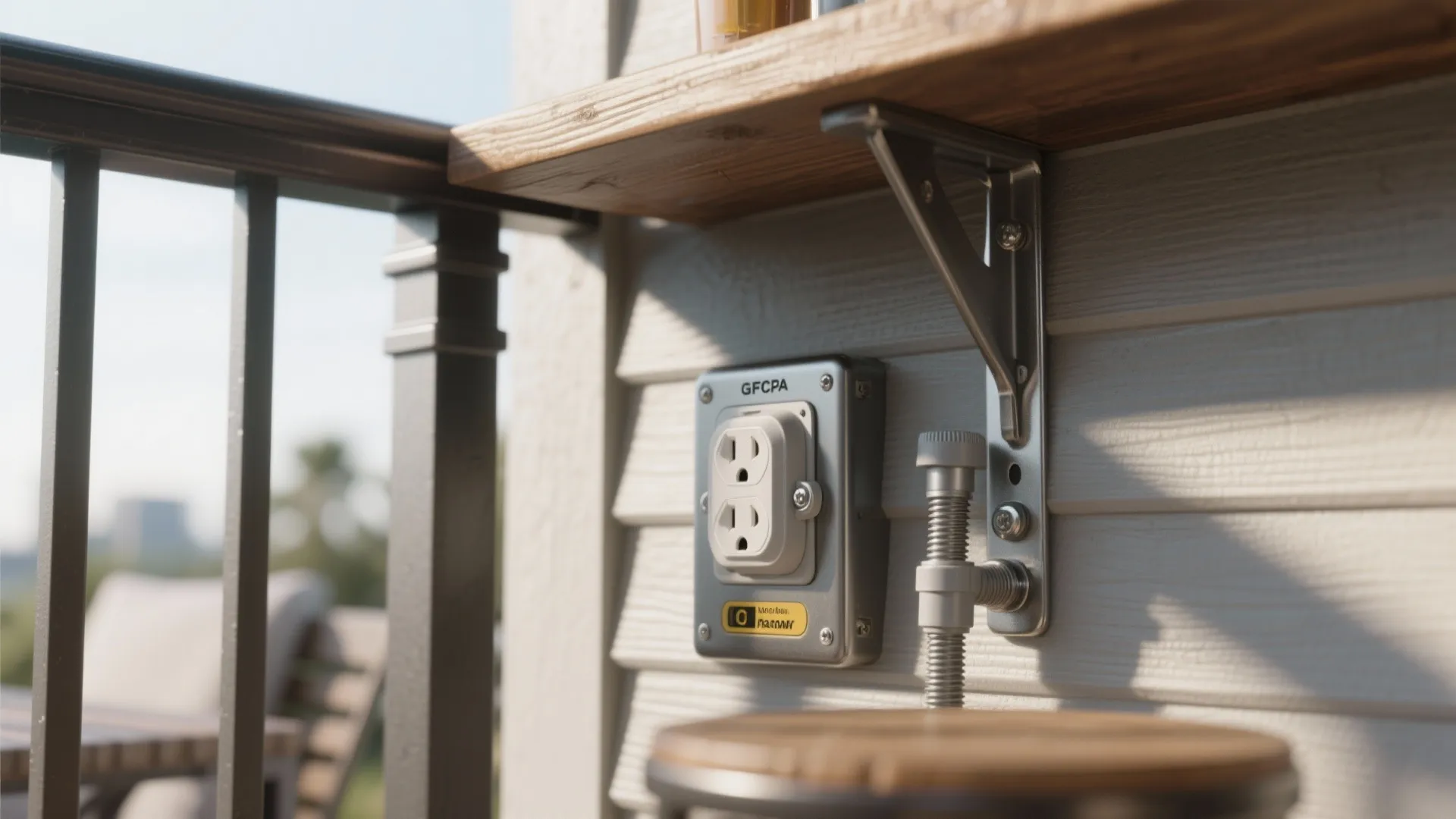 Close up of an outdoor electric outlet on a white wall under a wooden shelf