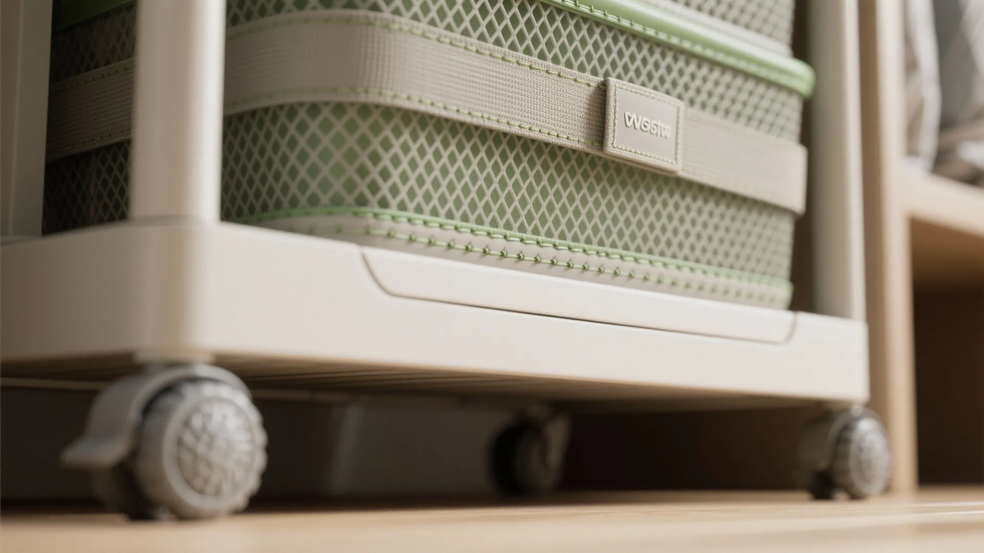 Close up of green mesh laundry bin sitting on white rolling base with four small wheels