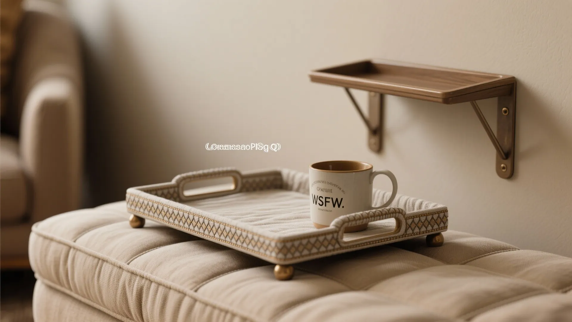 Decorative tray with coffee mug sitting on upholstered footrest near a small wooden wall shelf