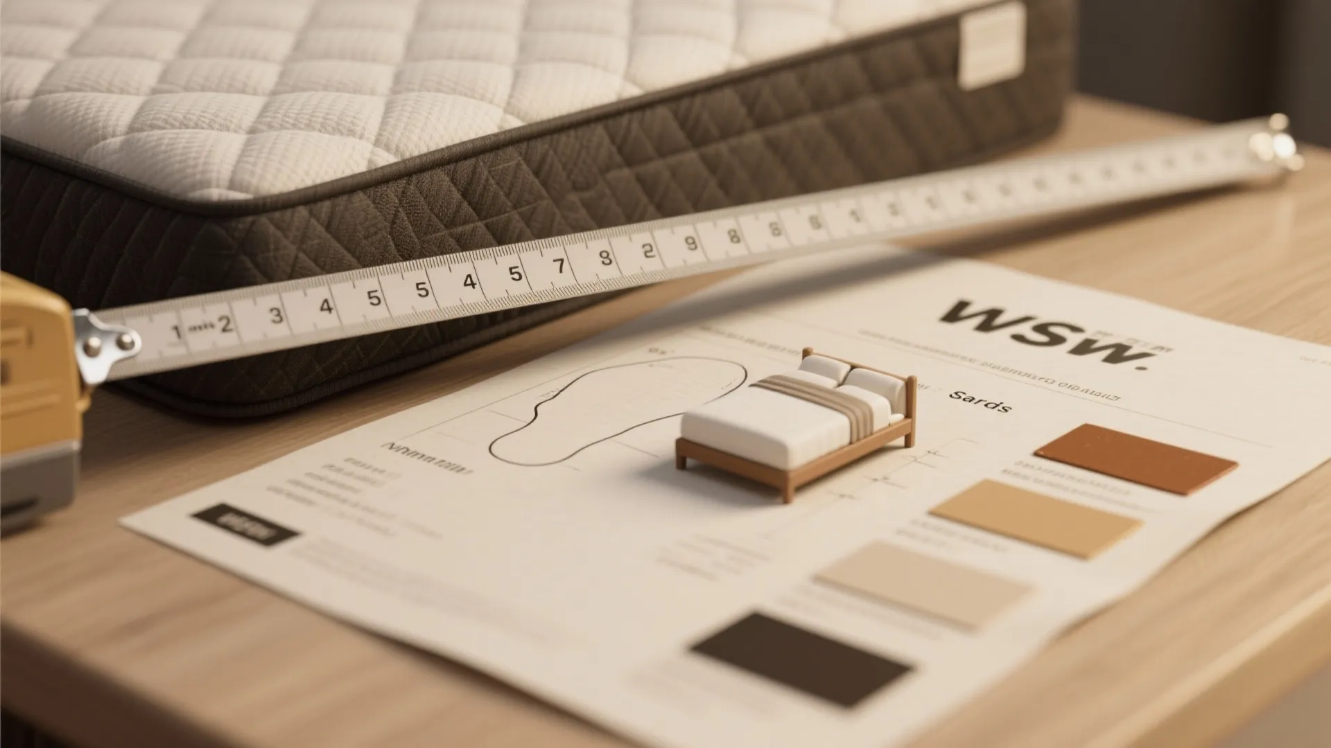 Close up of a mattress and measuring tape next to a bedroom interior design plan