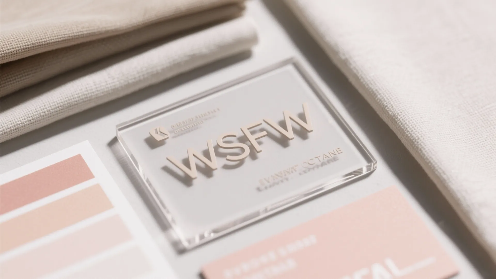 Mood board showing fabric samples color palette card and a clear sign with the logo WSFW