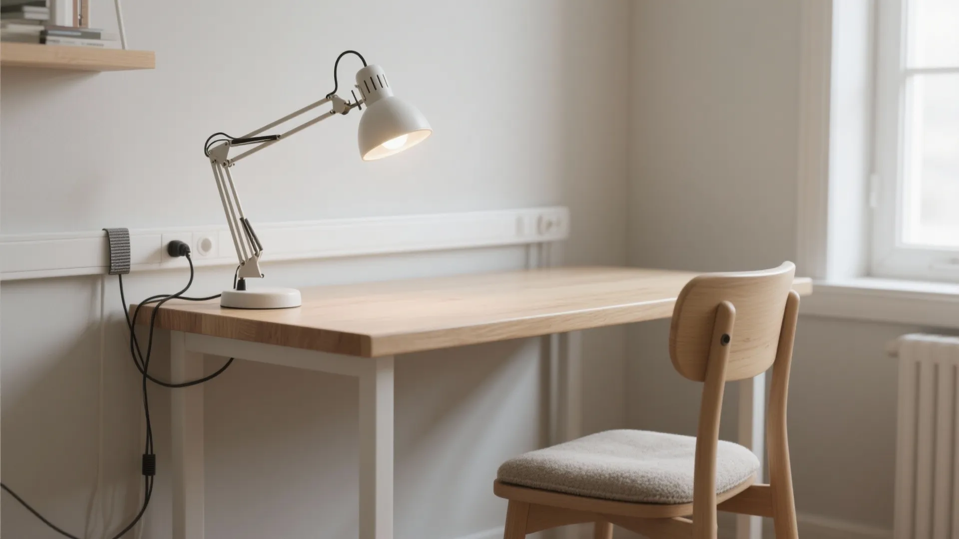 Close up of a wooden desk with white table lamp wood chair and natural light