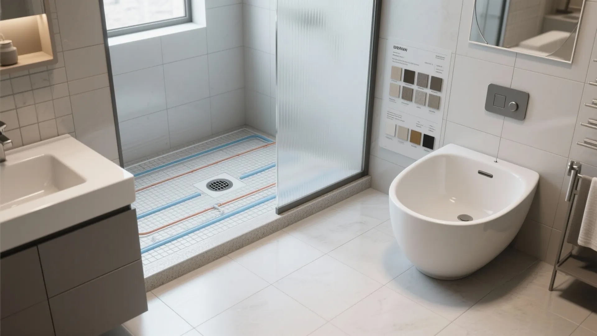 Close-up details of bathroom materials and practical solutions: tile, frosted glass, drainage and tub clearance