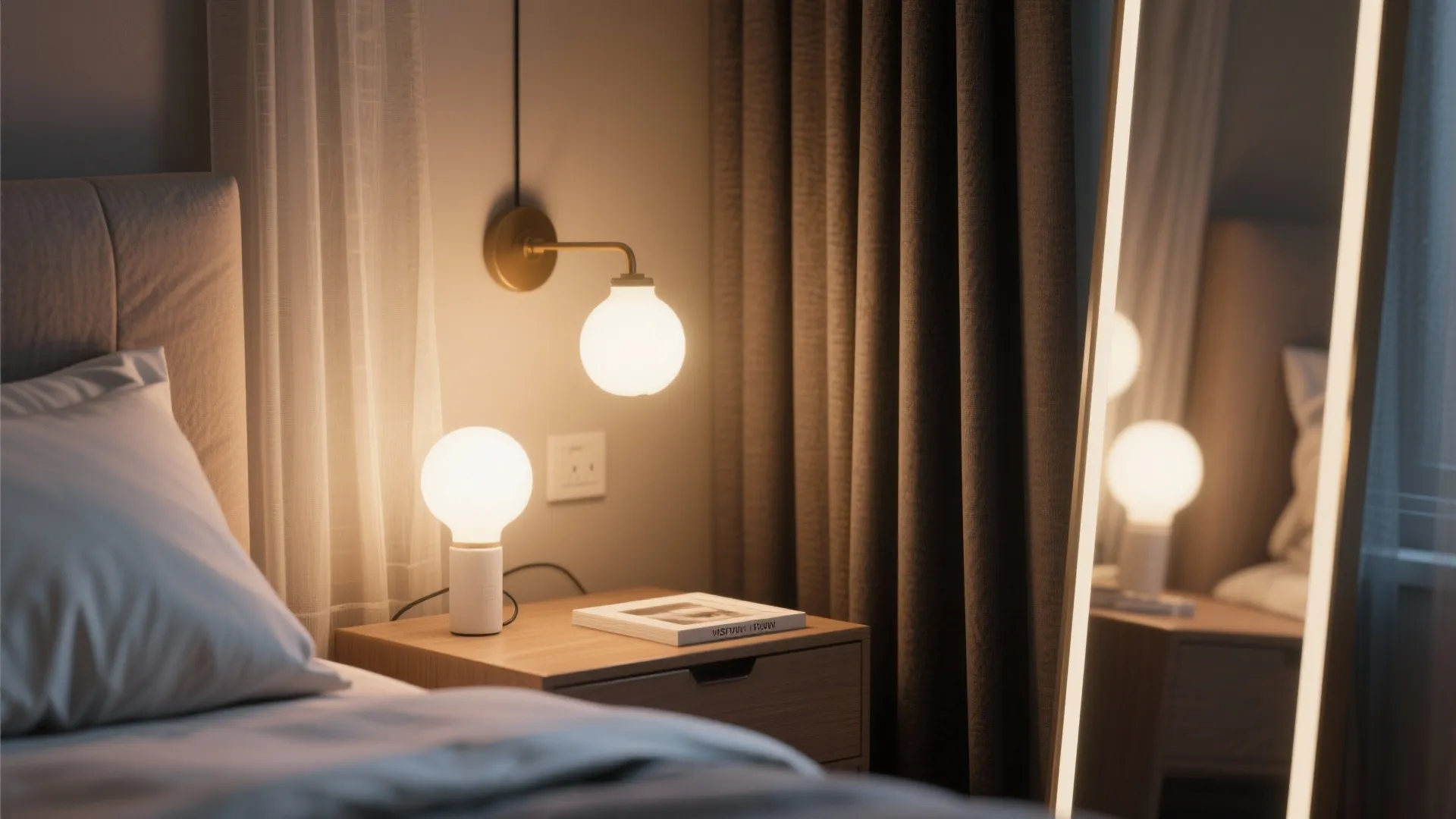 Modern bedroom nightstand featuring a small table lamp wall light warm glow and full mirror