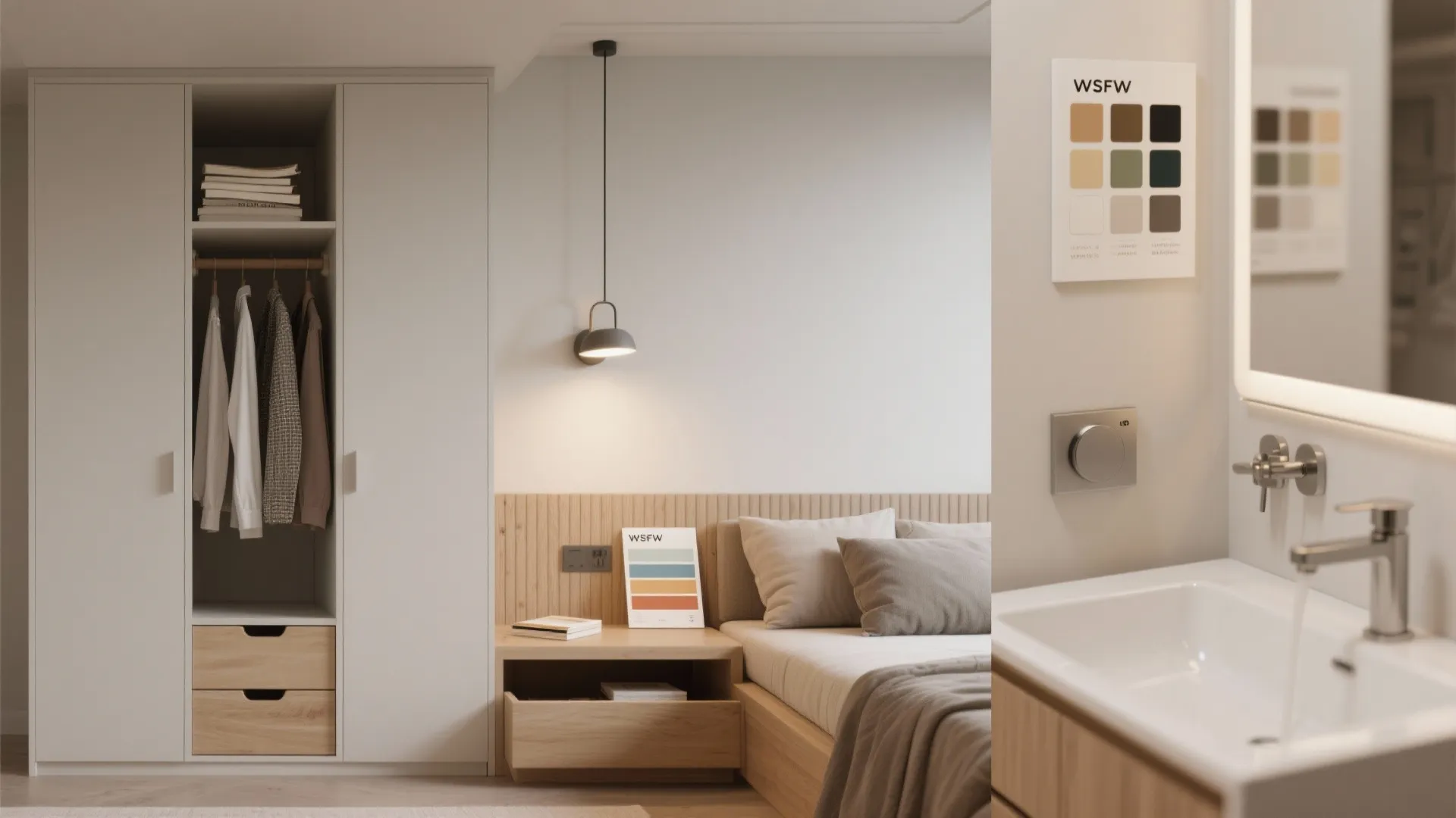 Collection of built-in storage, mounted lighting, and multi-functional furniture details that make small rooms feel larger.