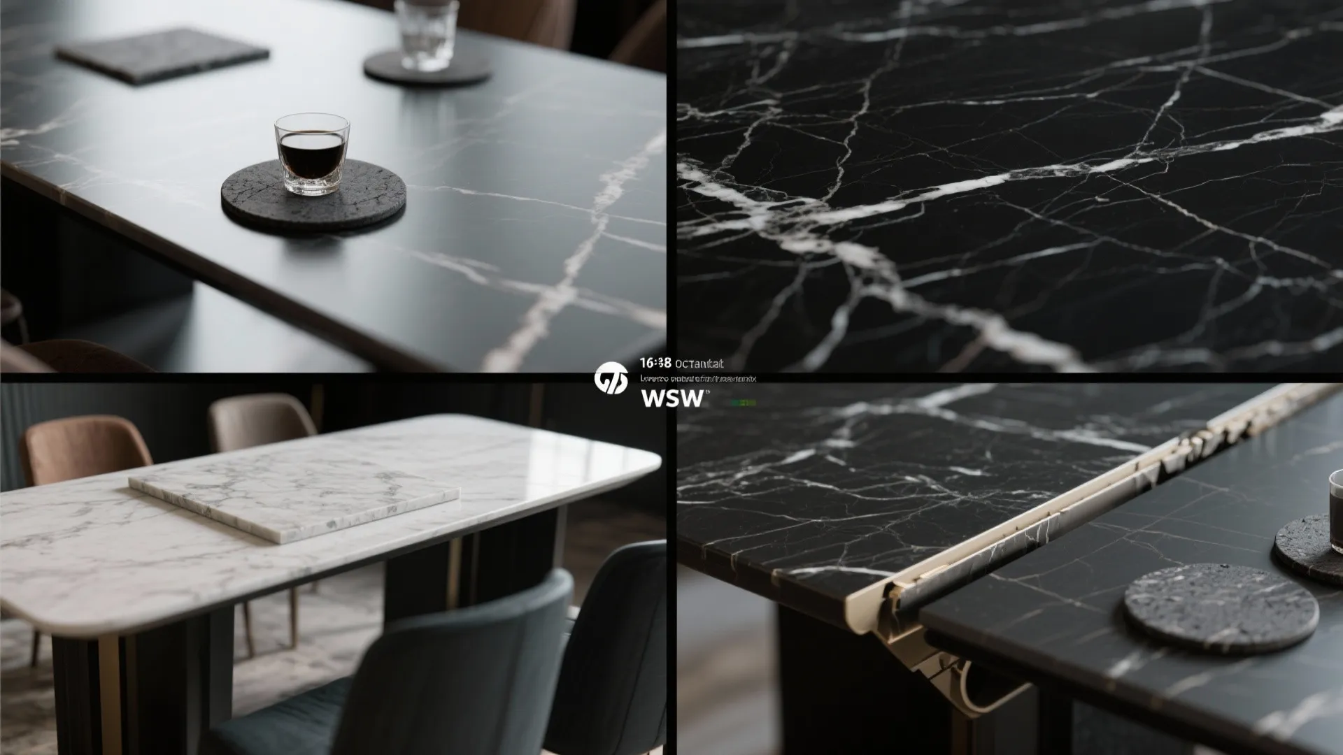 Four images showing different black and white marble table surfaces and close up texture details