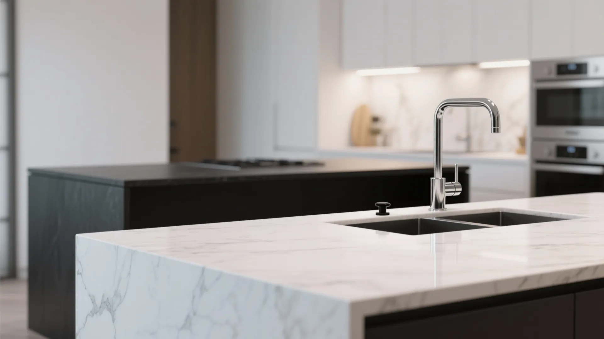 Modern kitchen island with white marble countertop silver faucet sink and black cabinets in background view