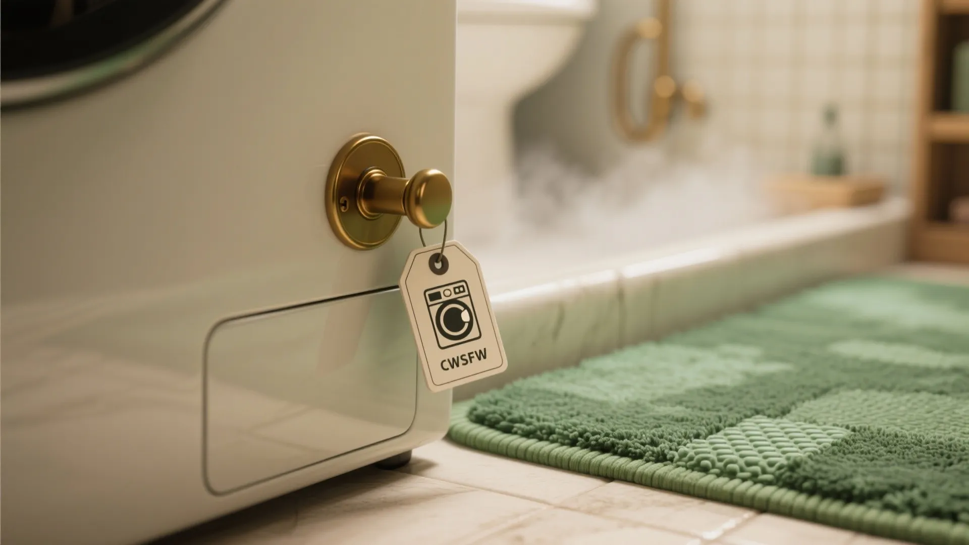 Close up of washing machine with tag on handle next to green rug in bathroom