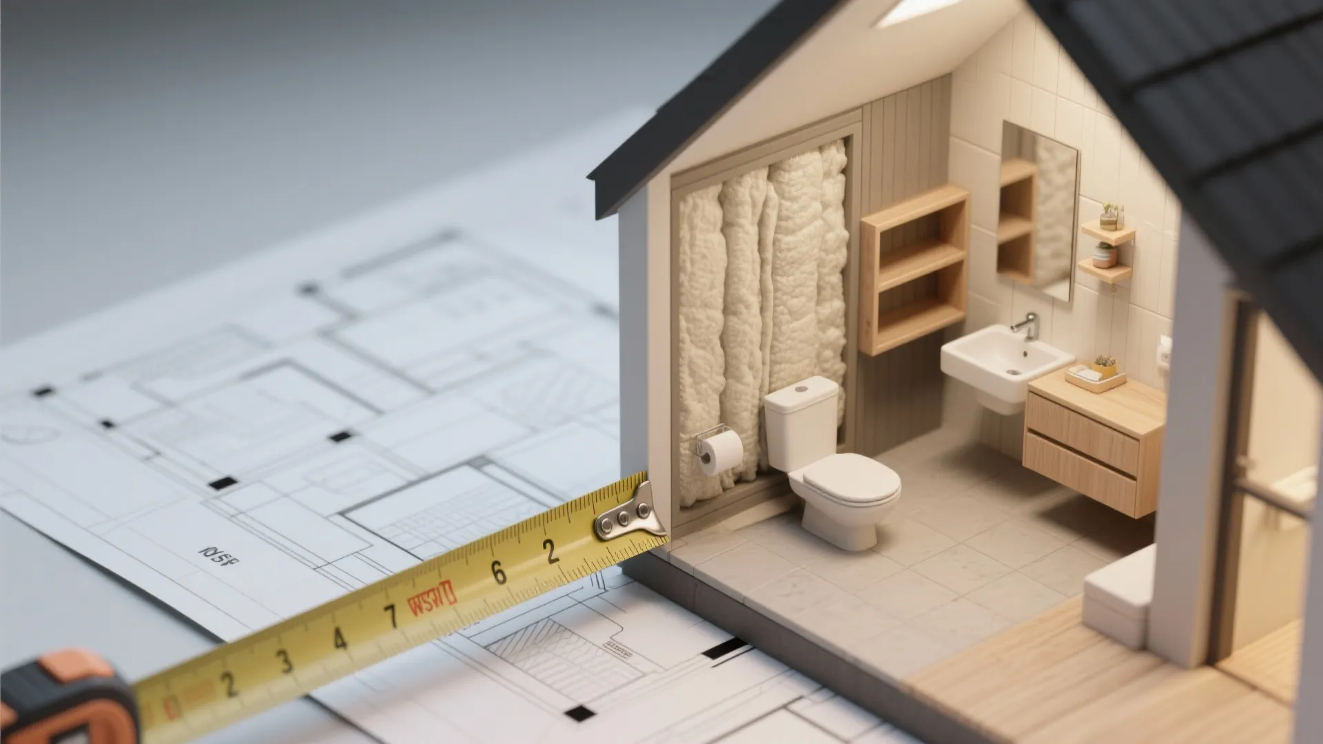 Montage of measuring tape, compact fixtures and built-in shelving details for small house FAQ