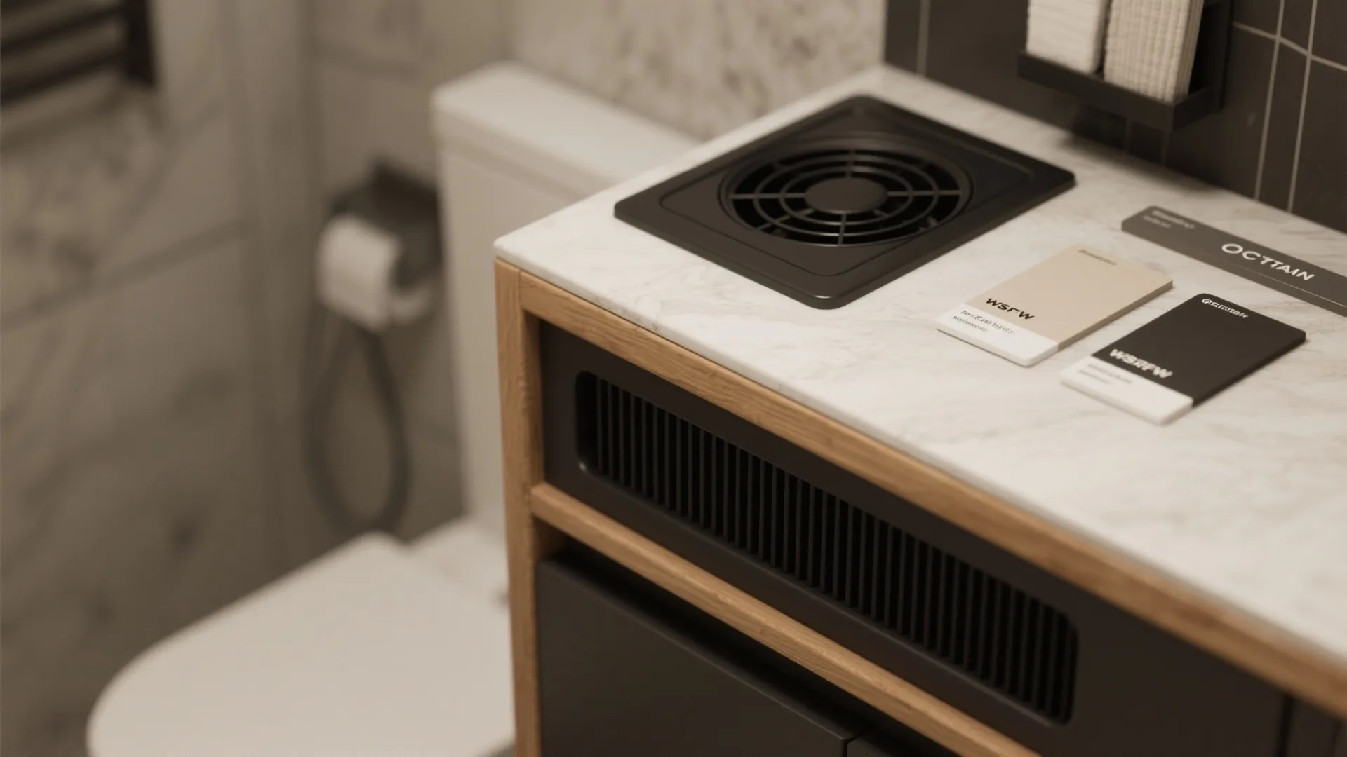 Close-up of sealed wood, ventilation grille and matte black profile showing durable finishes.