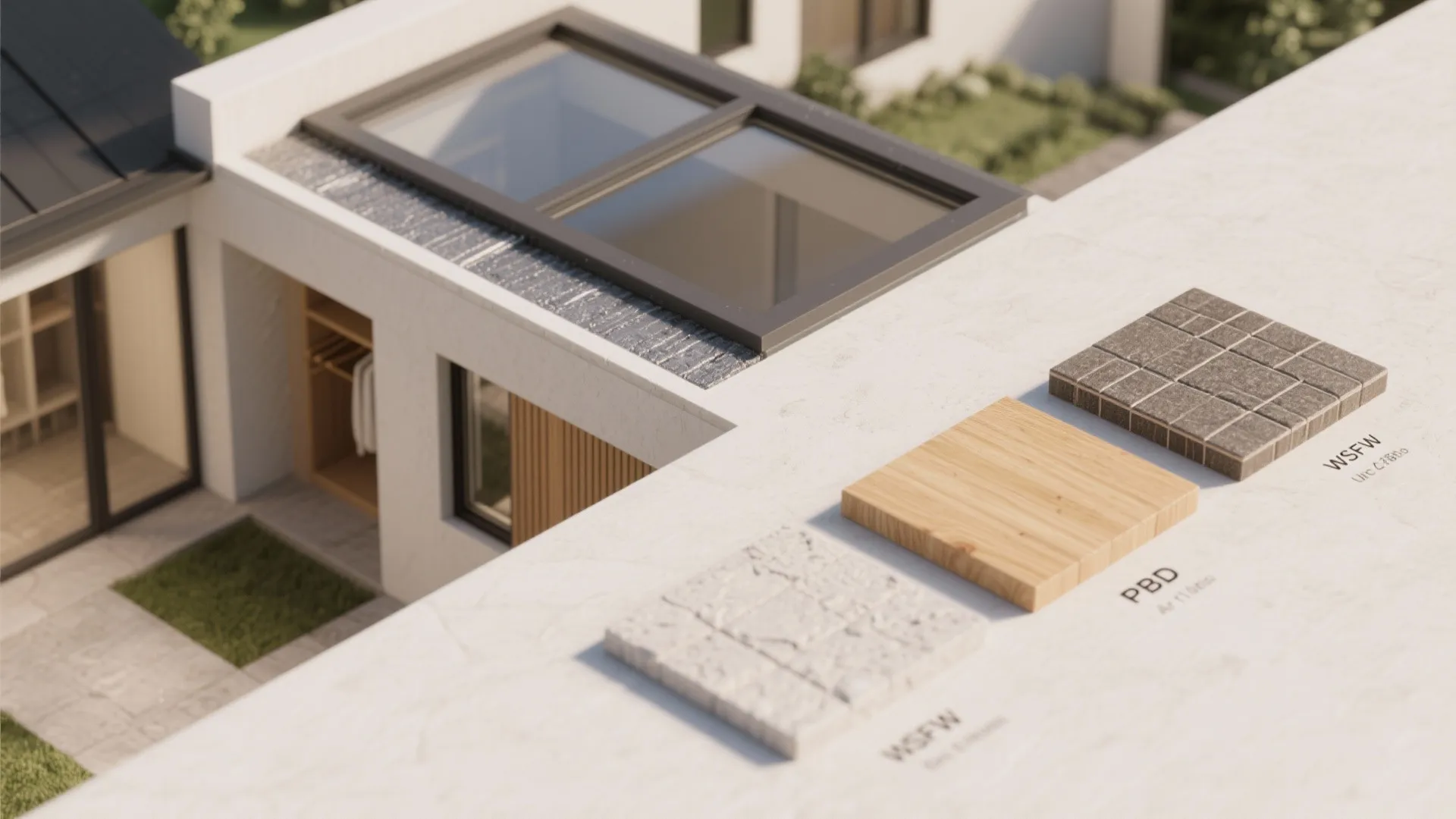 Macro architectural details: clerestory window, waterproofing edge, built-in closet and material samples for single-story homes