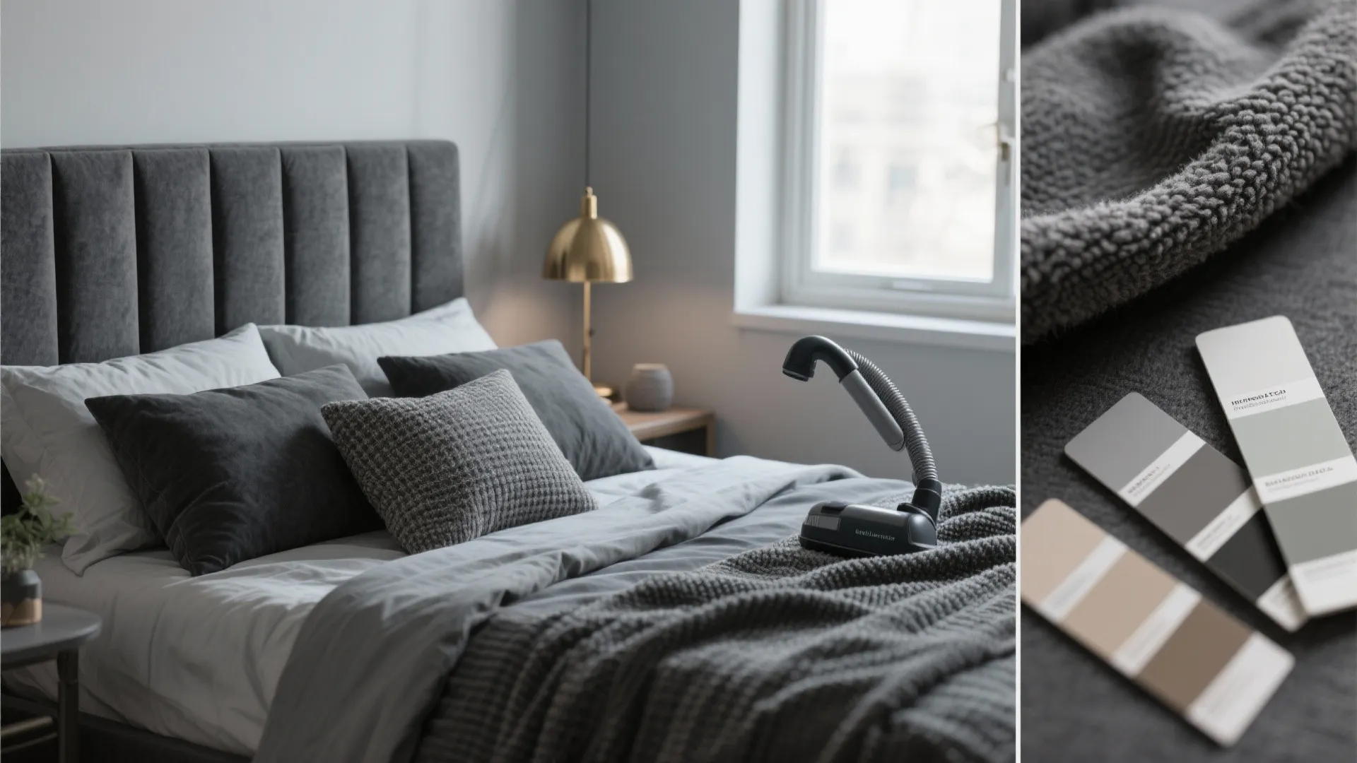 Bedroom with grey headboard gold table light and color swatches showing different shades of grey