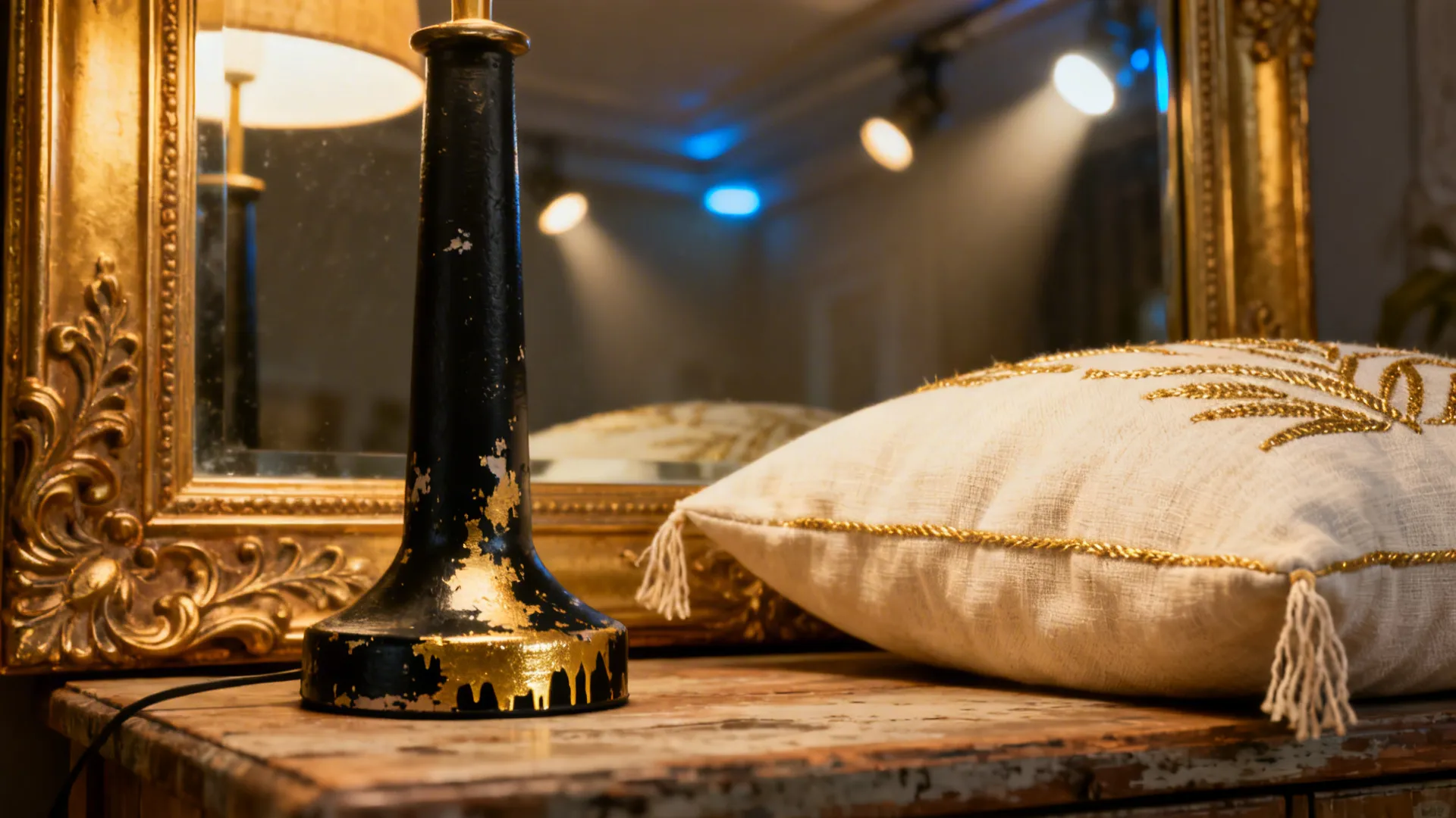 Close-up of gold mirror, metallic-thread cushion, and spray-painted lamp base showing practical tips.