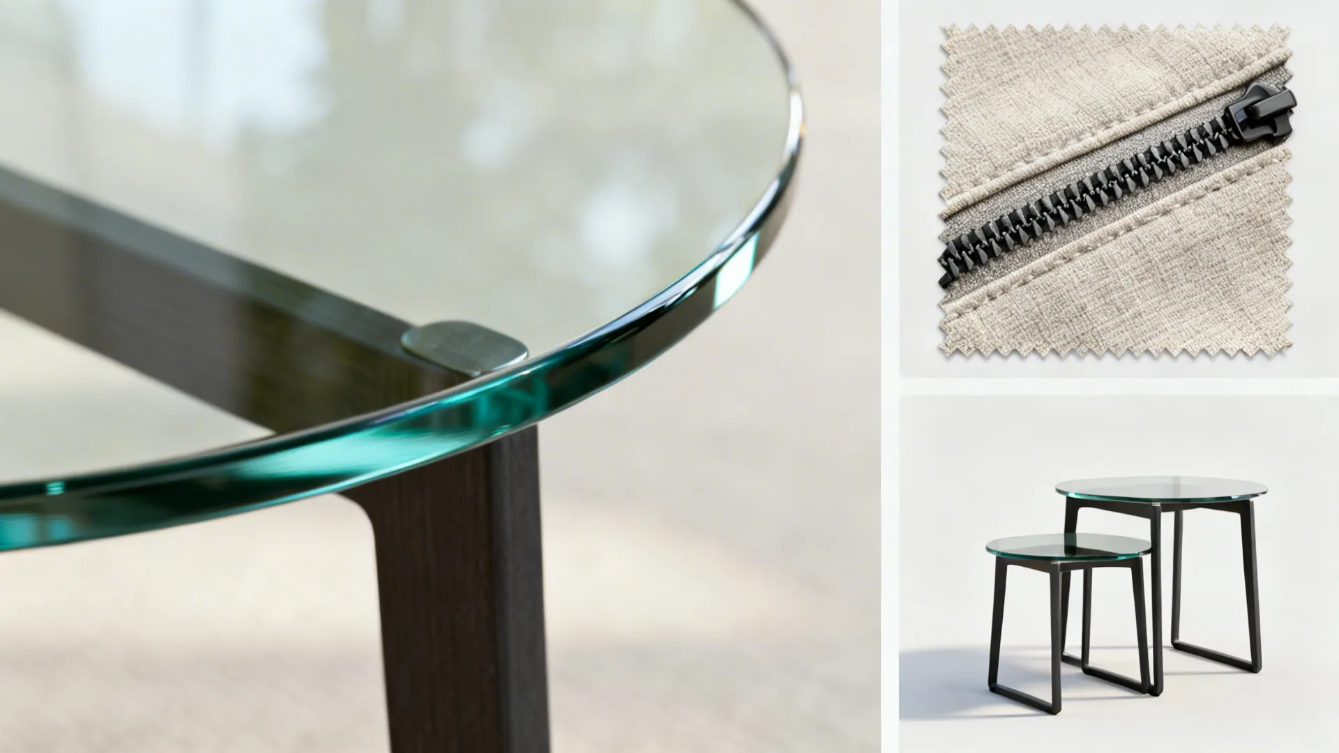 Close-up details: tempered glass edge, washable fabric zip, and nested tables for FAQ visuals