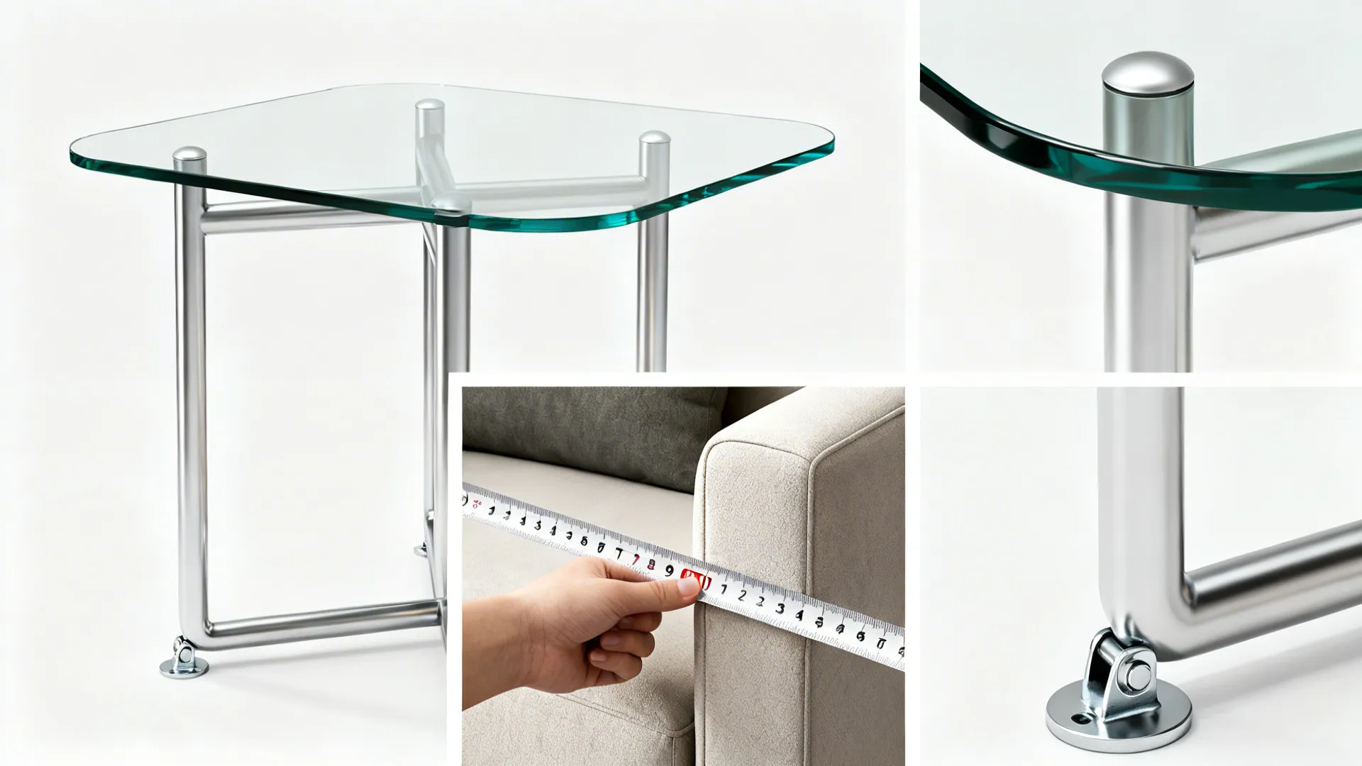 Close-ups showing rounded edges, adjustable feet and measuring tips for side tables