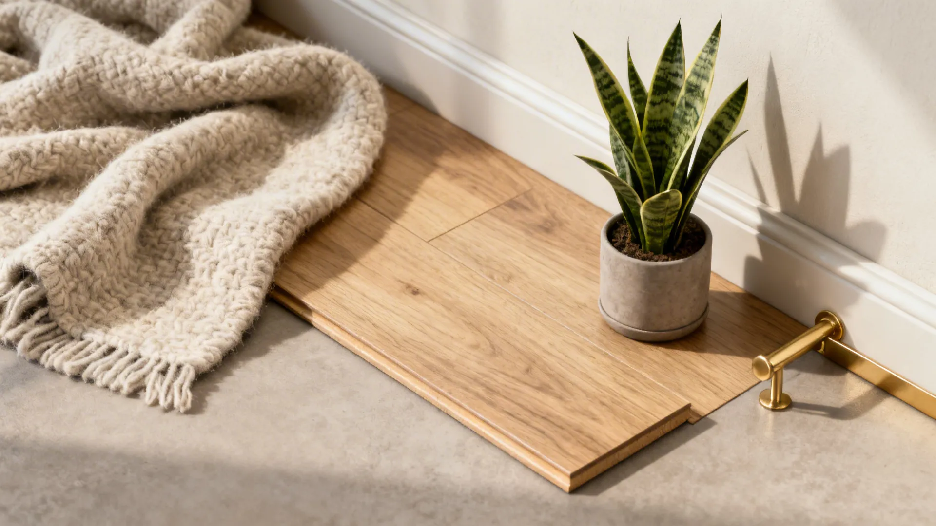 Light wood floor planks placed next to a small green plant and a soft beige blanket