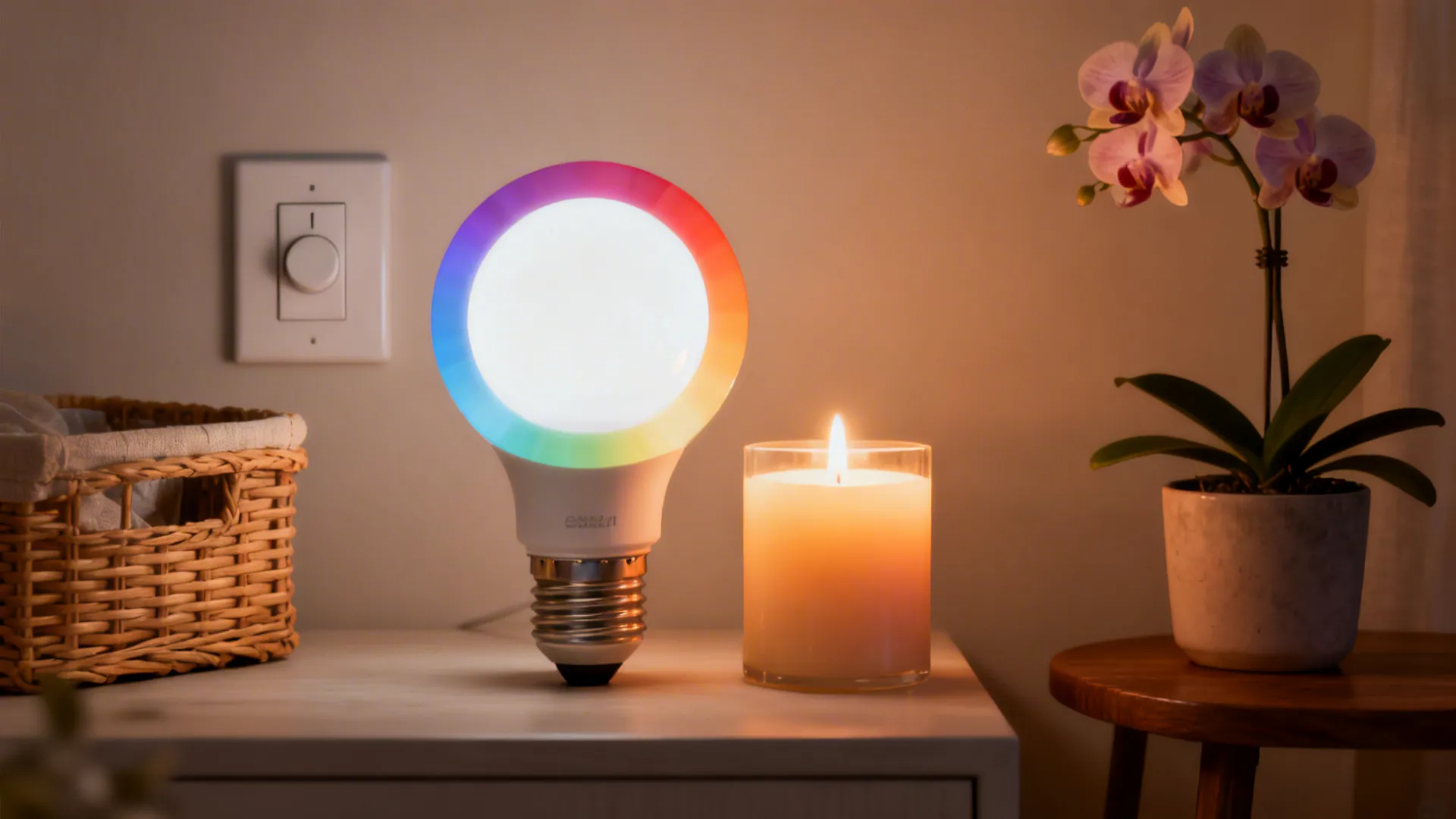 Details showing warm white light options, LED candle, dimmer switch, and a potted orchid for allergy-safe greenery.