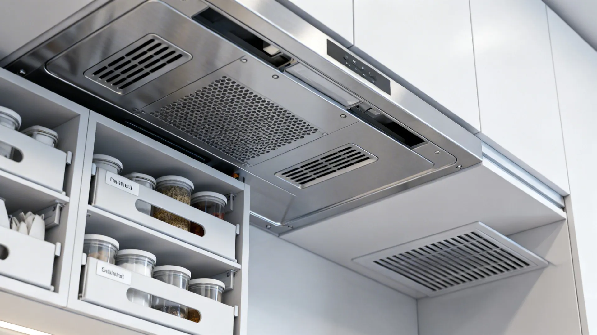 Close-up of range hood, extractor vents and organized drawers illustrating ventilation and storage solutions.