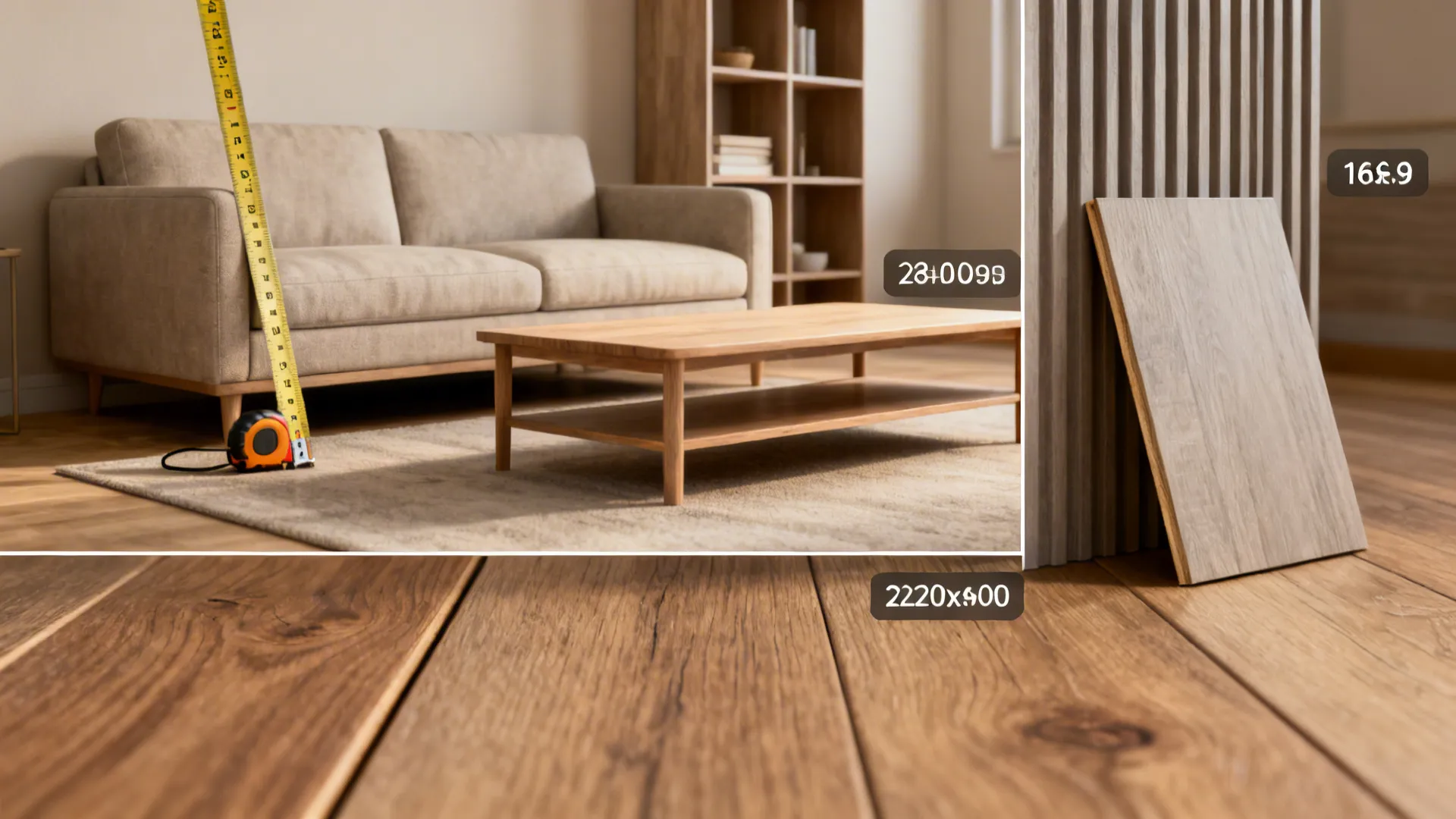 Detail montage showing measurements, coffee table scale, shelving and flooring choices for small living rooms.