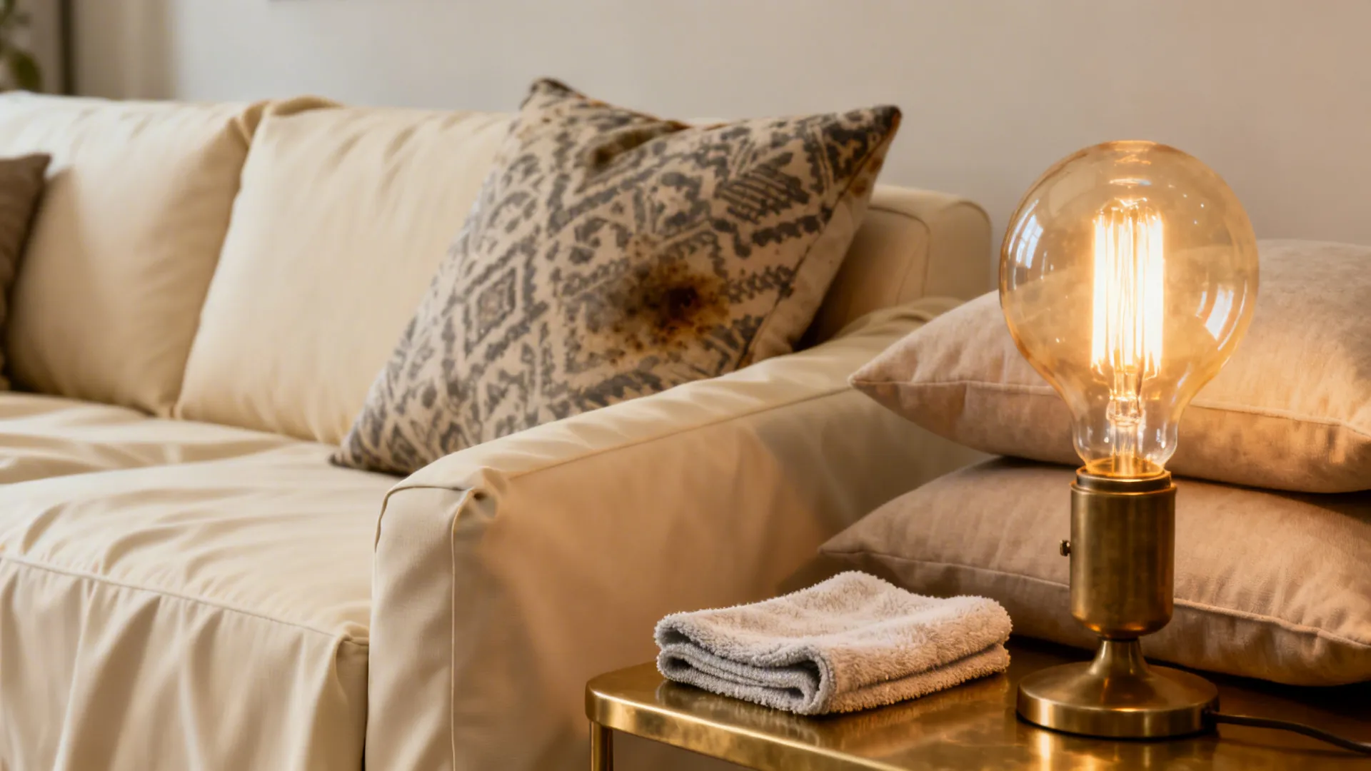 Close-up of slipcover, patterned cushion, lamp and microfiber cloth in a neutral living room