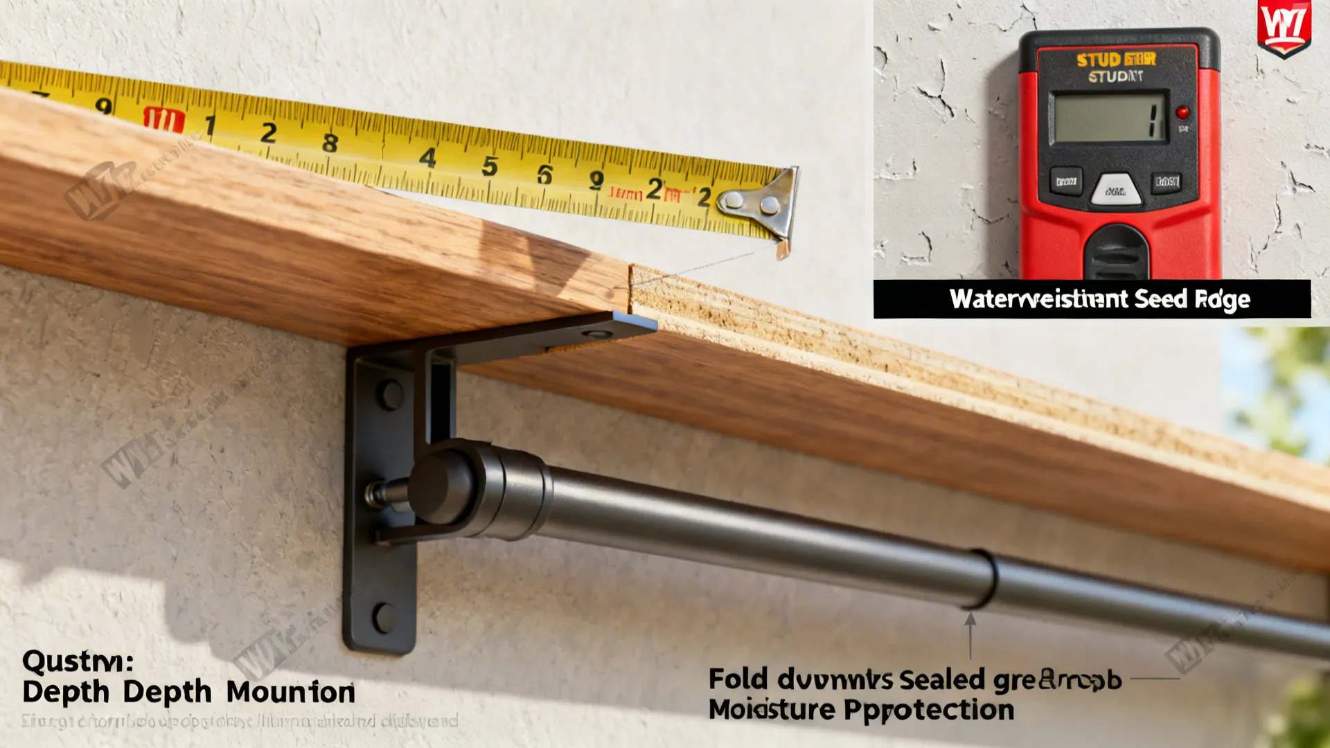 Close-up images of measuring tape, stud finder, sealed wood edge, and fold-down rod mechanism illustrating FAQ tips