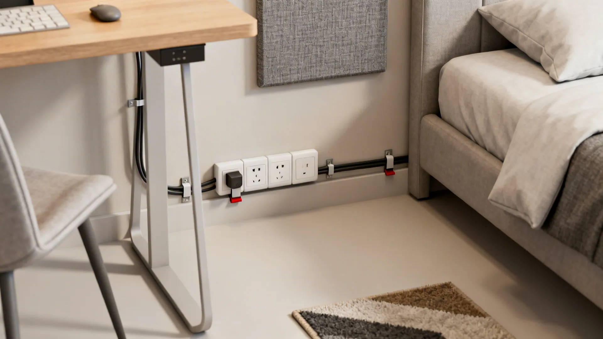 Neat cable management along wall baseboard with power outlets between a wooden desk and bed