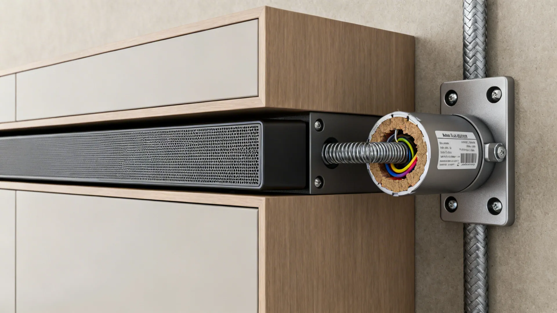 Macro details of soundbar integration, cabinet ventilation, and cable conduit for concealed TV installations.