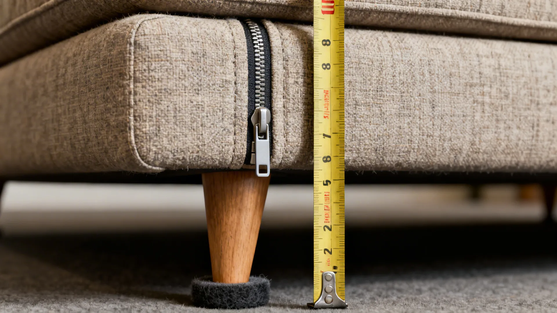 Macro details of furniture measurements, removable cushion zipper and durable fabric texture