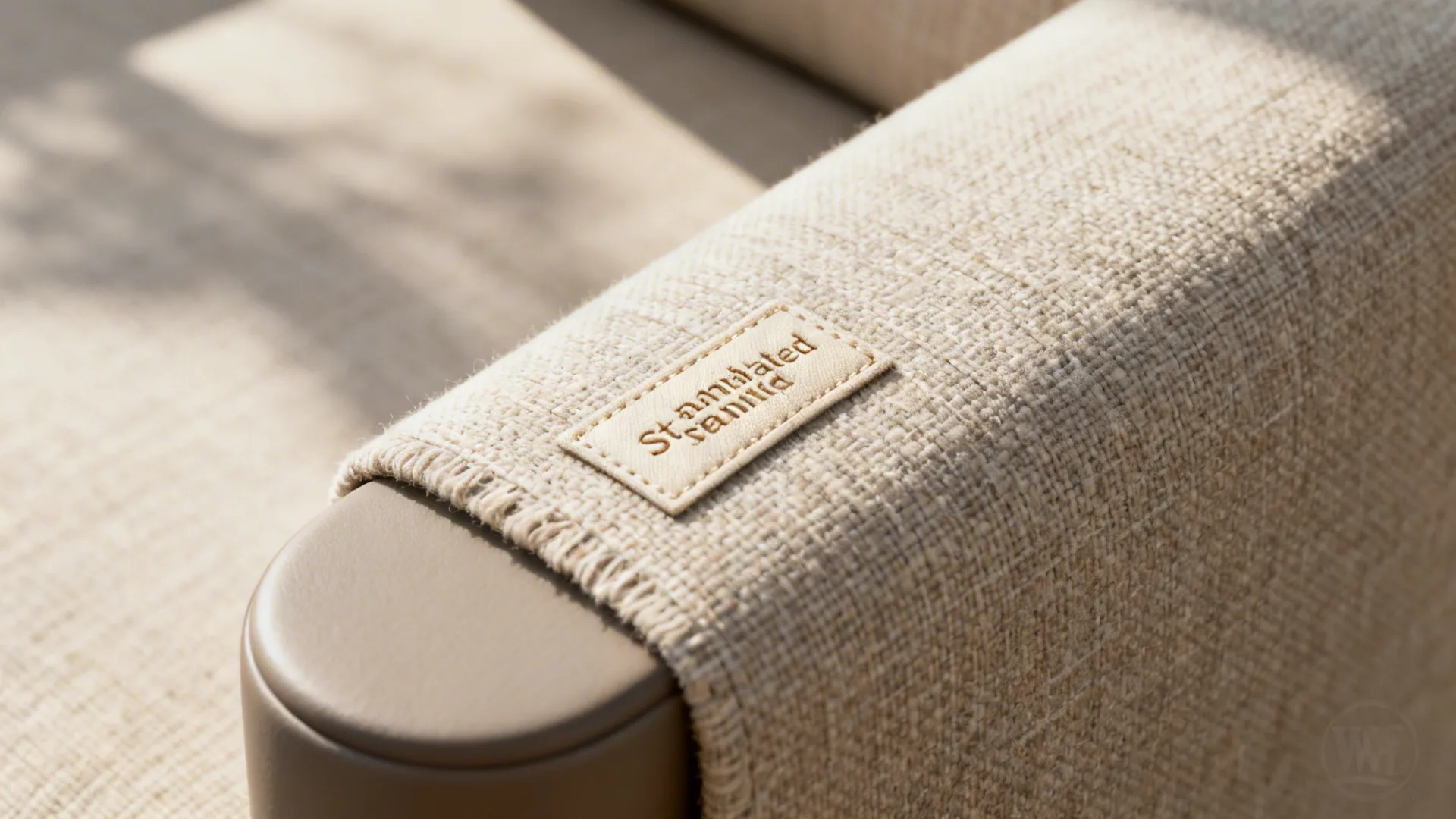 Close-up of washable slipcover fabric and rounded furniture edge conveying family-friendly durability