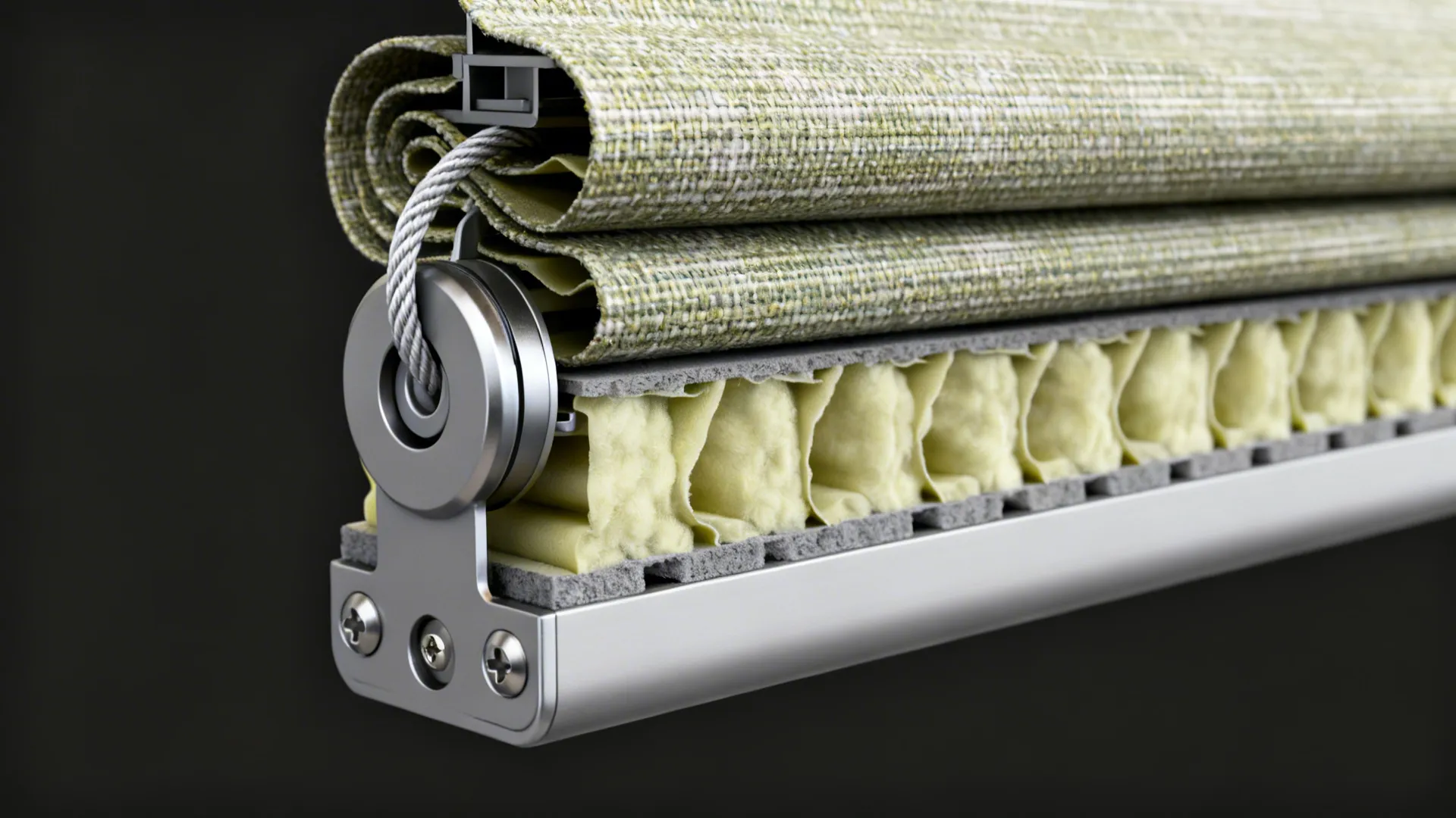 Close-up of cordless mechanism, Roman shade folds, and cellular shade insulation cells.