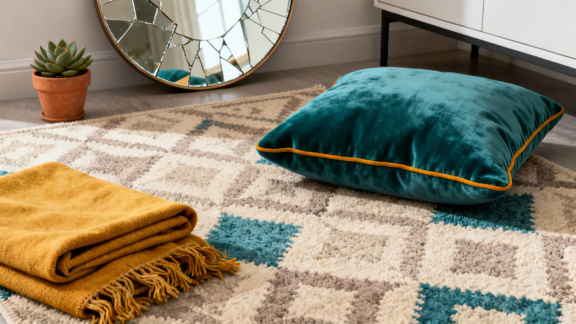 Detailed view of rug pattern, accent textiles and mirror reflecting light in a brown living room