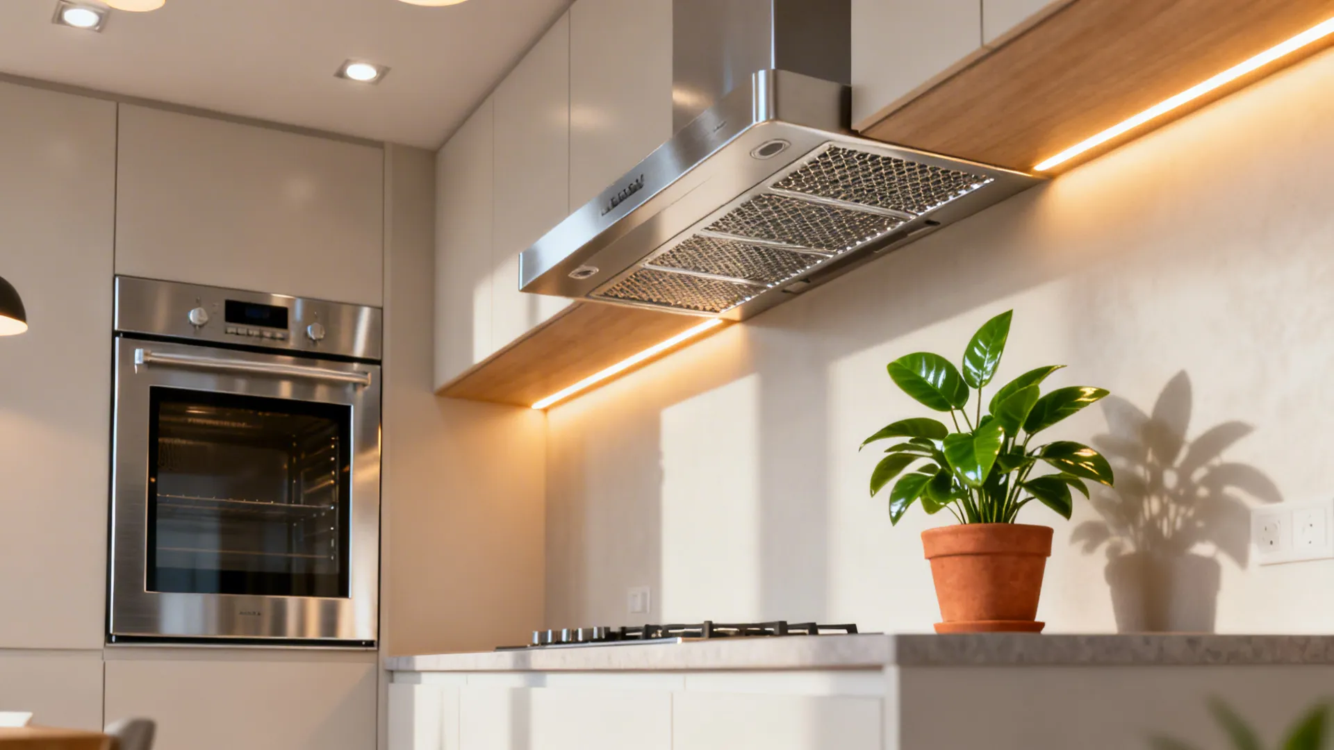 Collage of practical details: built-in oven, range hood, under-cabinet lights and plants for an open kitchen