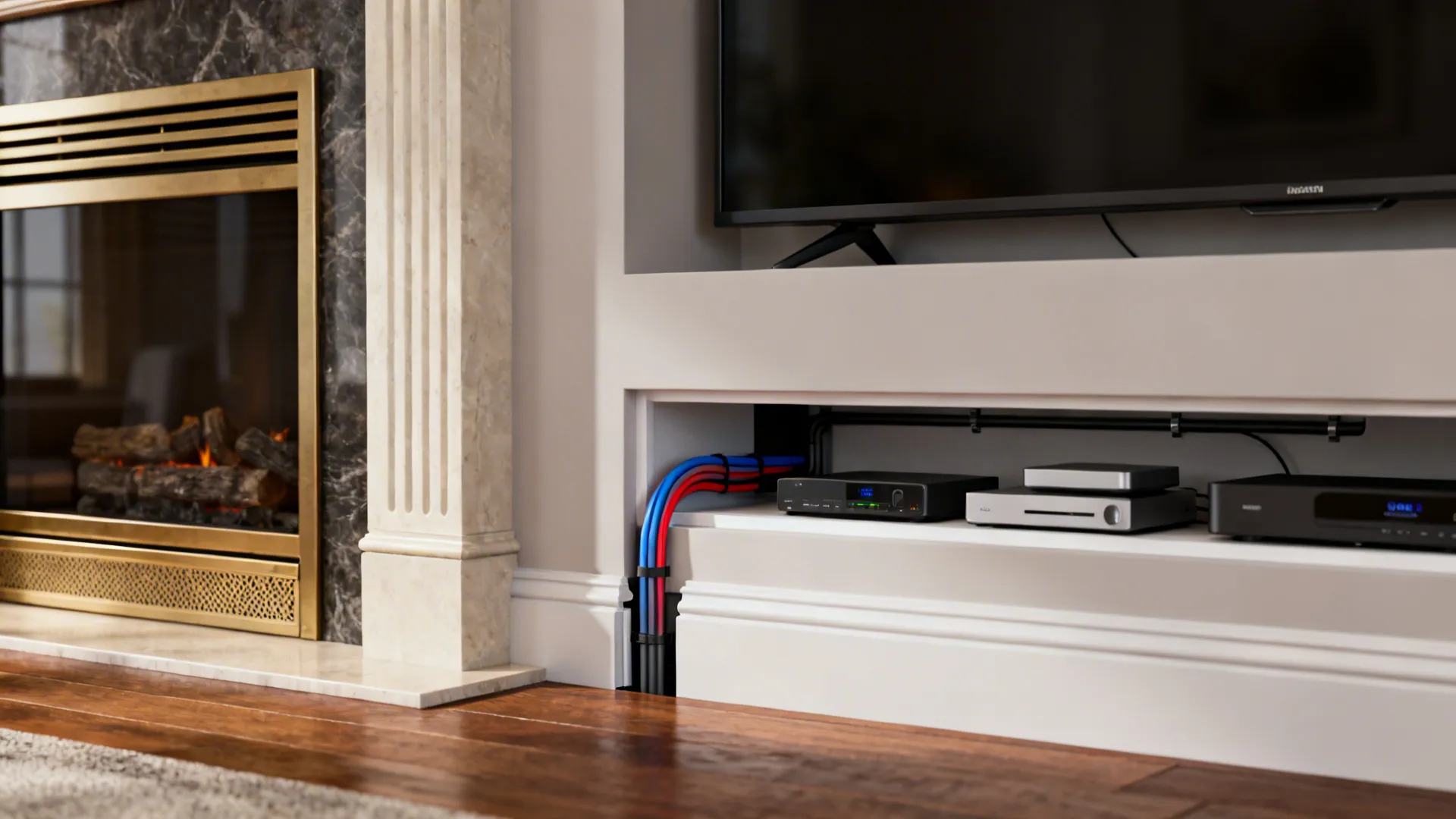 Close-up of cable management, in-wall conduit and thermal gap detail near a fireplace