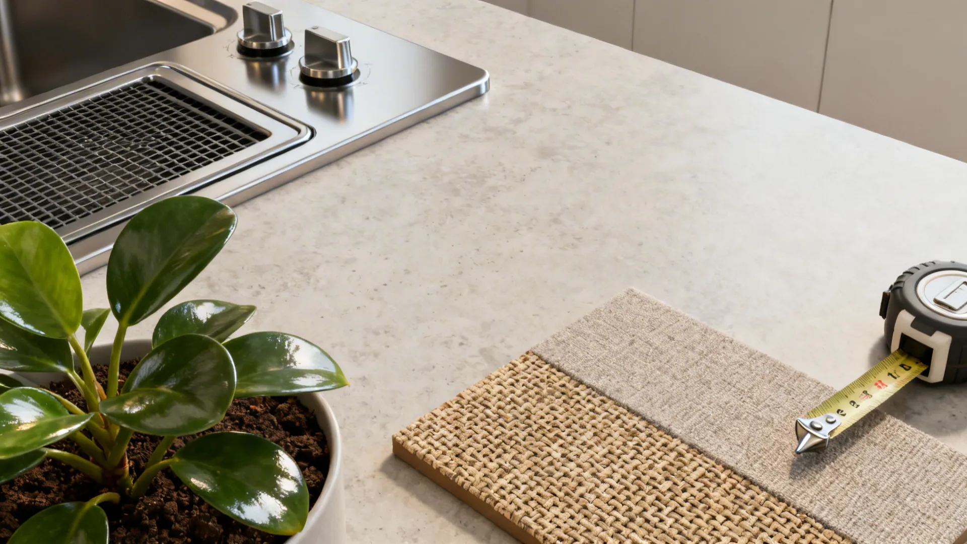 Close-up of range hood, air-purifying plant, acoustic panel sample and tape measure illustrating FAQs.