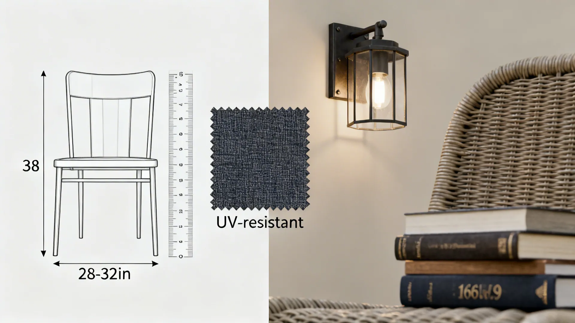 Ruler, fabric swatch, and wall sconce illustrating small-reading-corner FAQ tips.