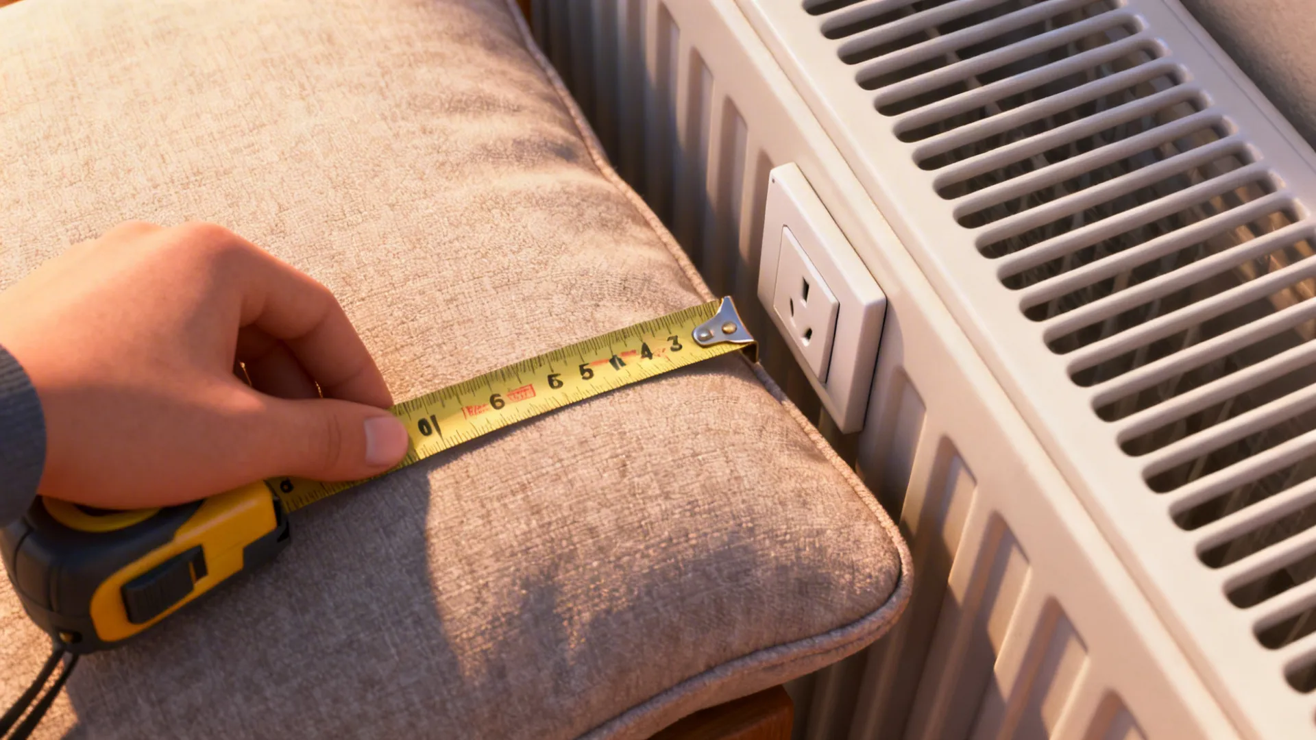 Hand using yellow tape measure to check distance between grey cushion and white wall radiator