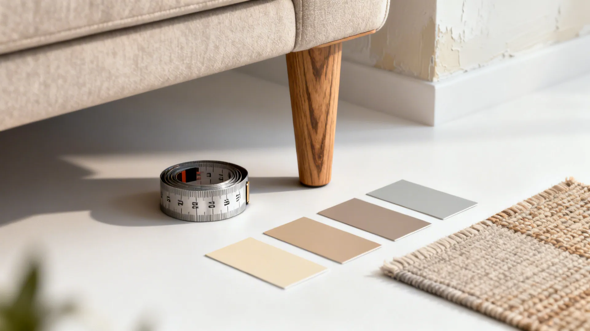 Measuring tape, paint swatches and rug sample showing practical choices for small living rooms