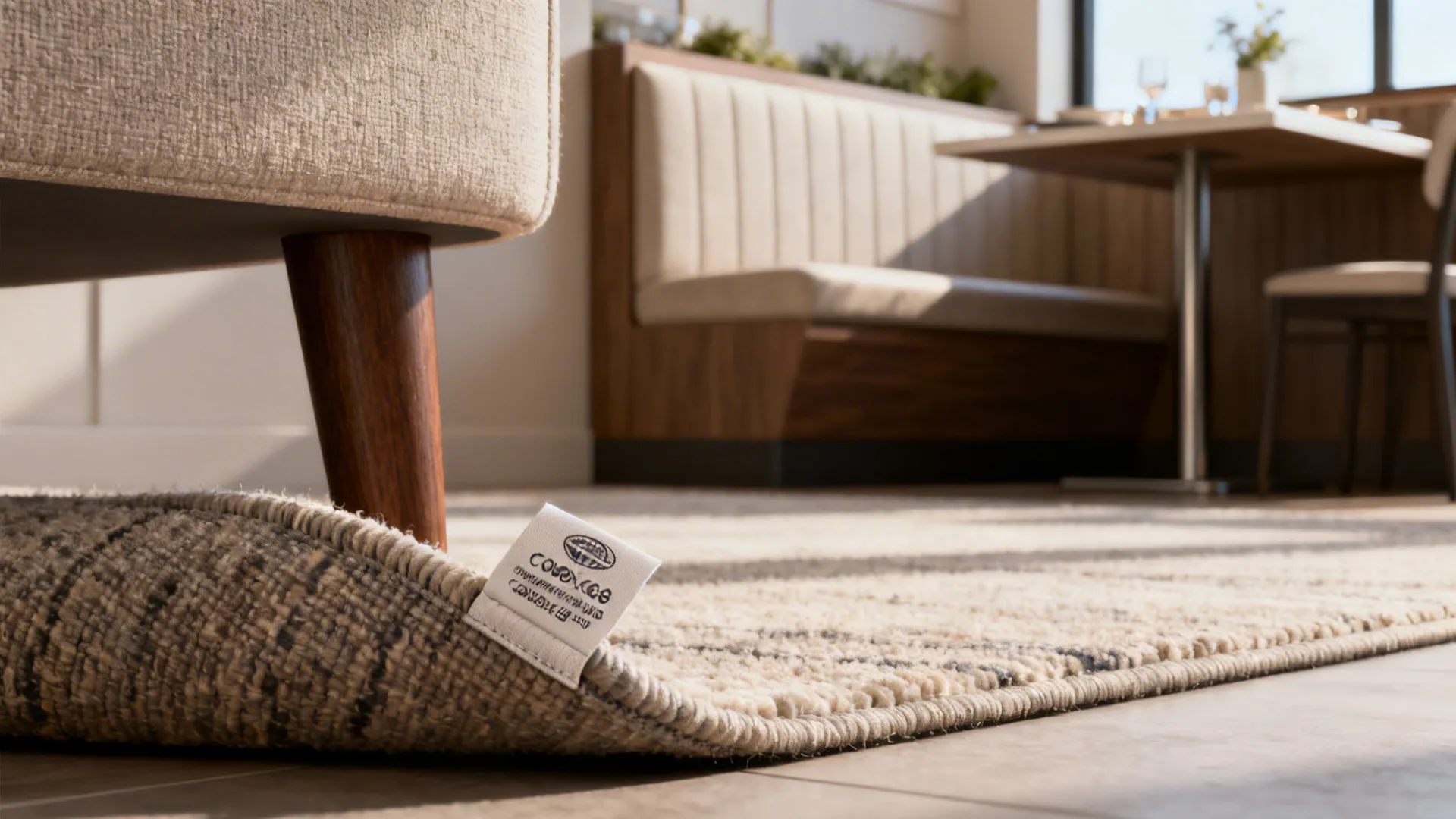 Close-up details showing rug, furniture leg, and durable fabric in a double-wide living space