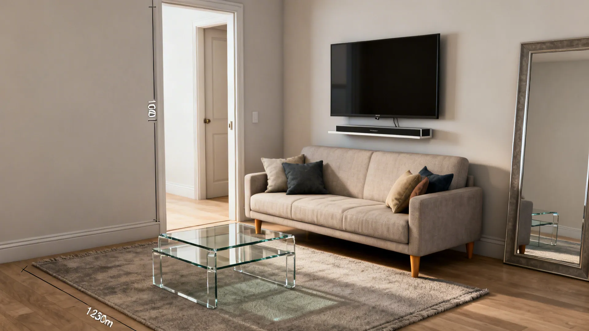 Collage of small-living-room details: loveseat scale, rug sample, acrylic table, wall-mounted TV and cushions.