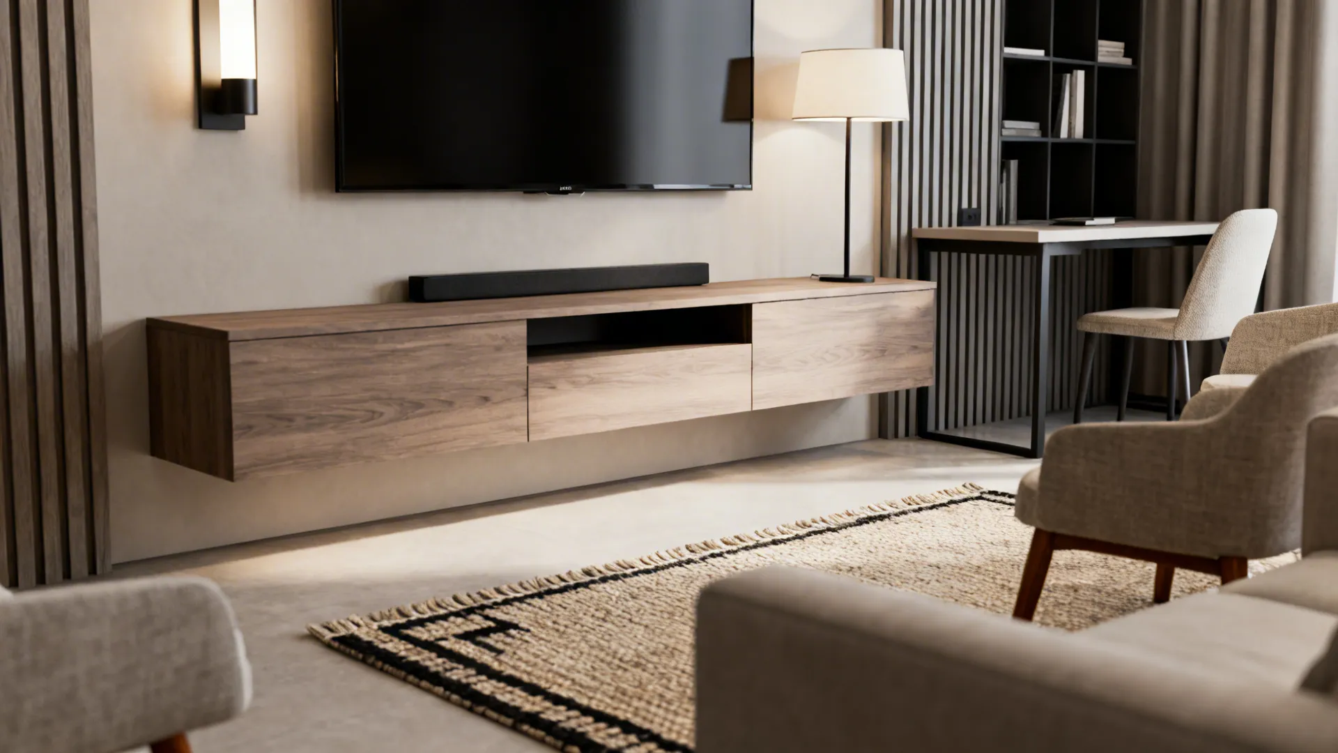 Close-up of media console, layered lighting, rug edge and compact desk corner in a rectangular living room.