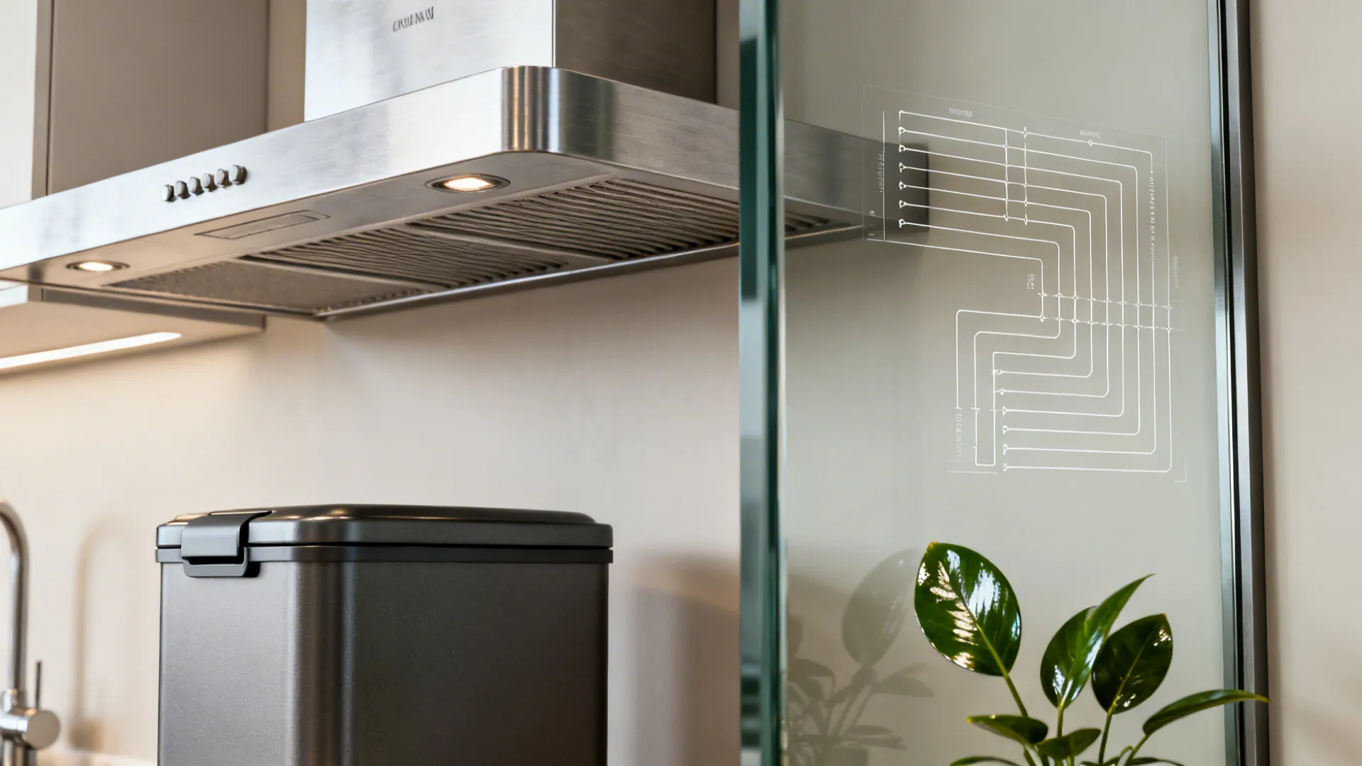 Collage of practical open-plan details: extractor hood, sealed bin, plant and circulation diagram.