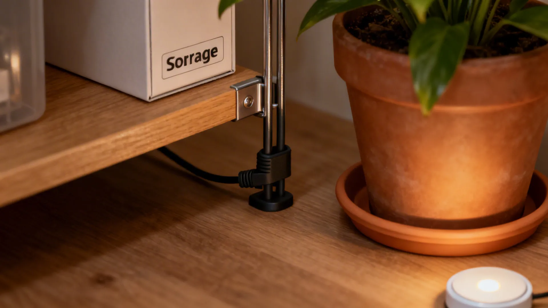 Close-up of cable routing, labeled box, plant saucer and LED puck light showing practical styling fixes