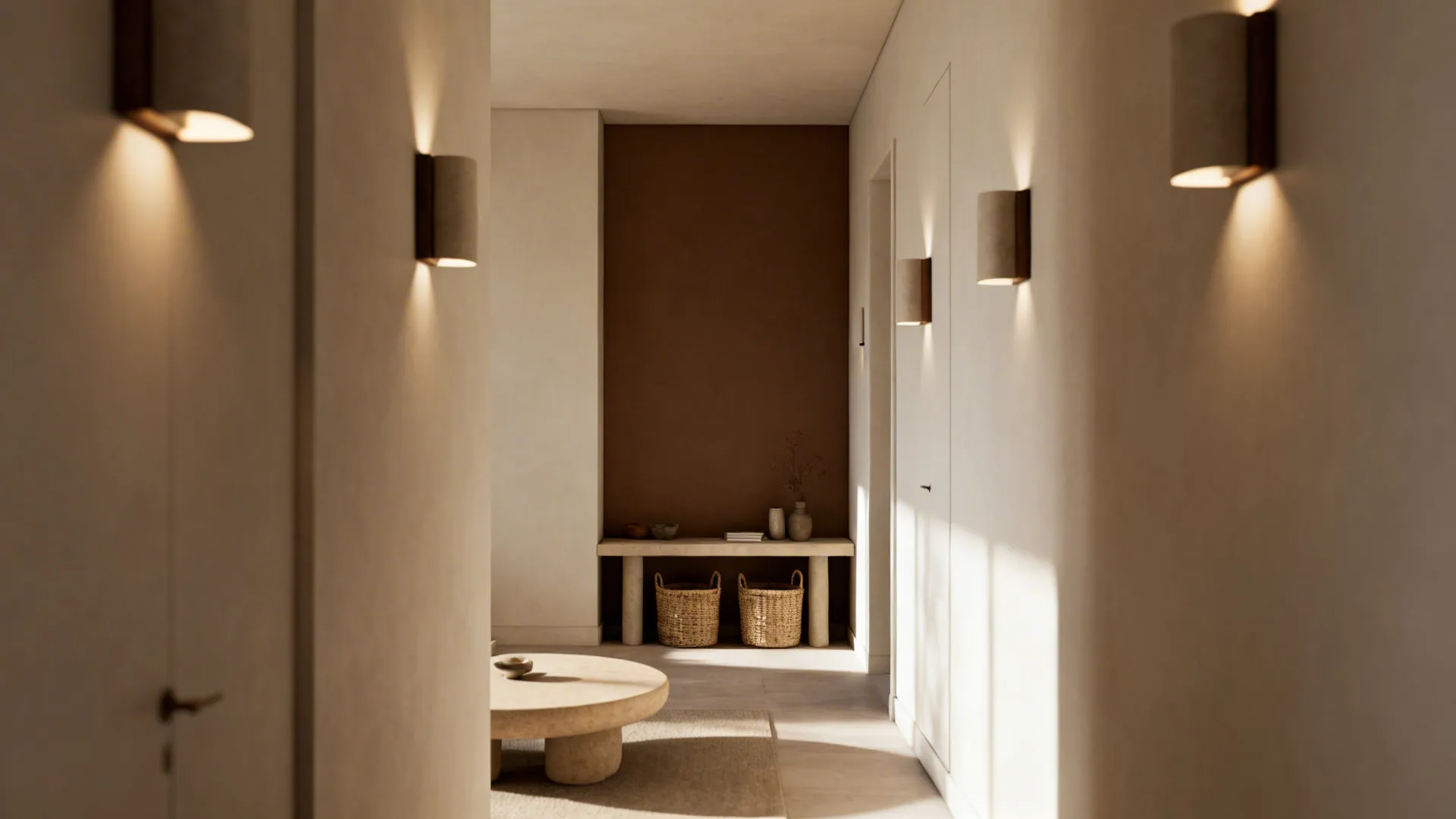 Warm hallway with wall lights brown accent wall bench with baskets and round wooden table