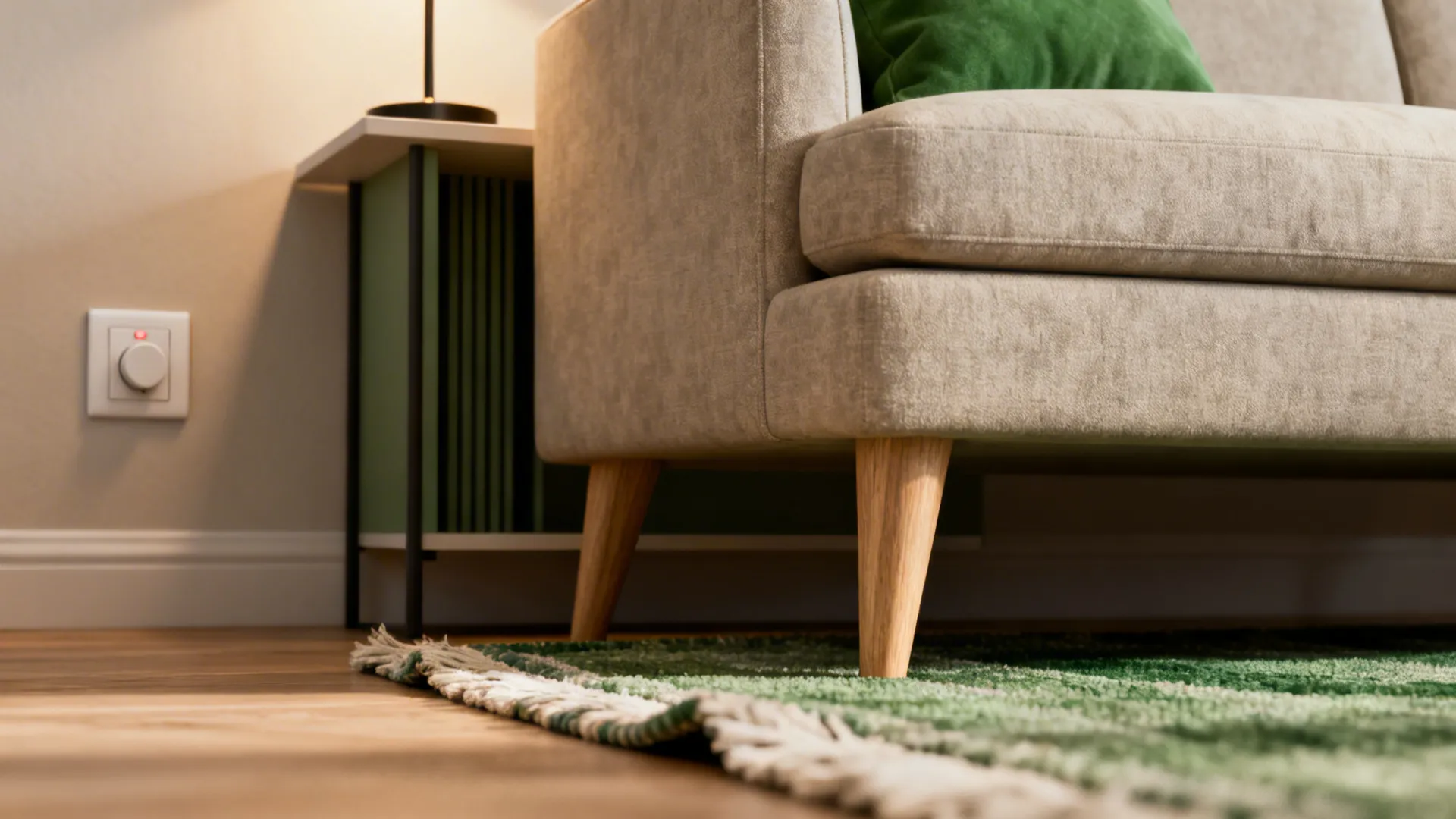 Close-up of living room details: sofa legs, rug edge, dimmer switch and slim console
