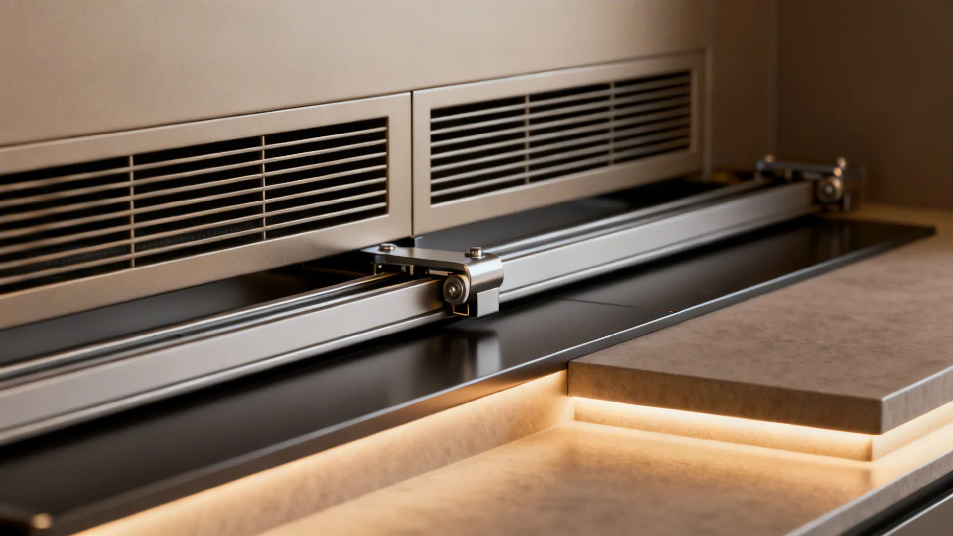 Close-up of range hood, sliding track hardware, and step lighting demonstrating safety and quality.